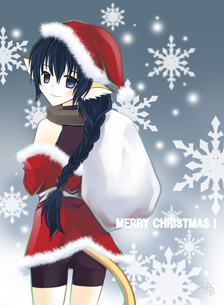 shima yukiwa, karulau, utawarerumono, 00s, 1girl, animal ears, bike shorts, braid, christmas, collar, female focus, hat, santa costume, santa hat, solo, tail