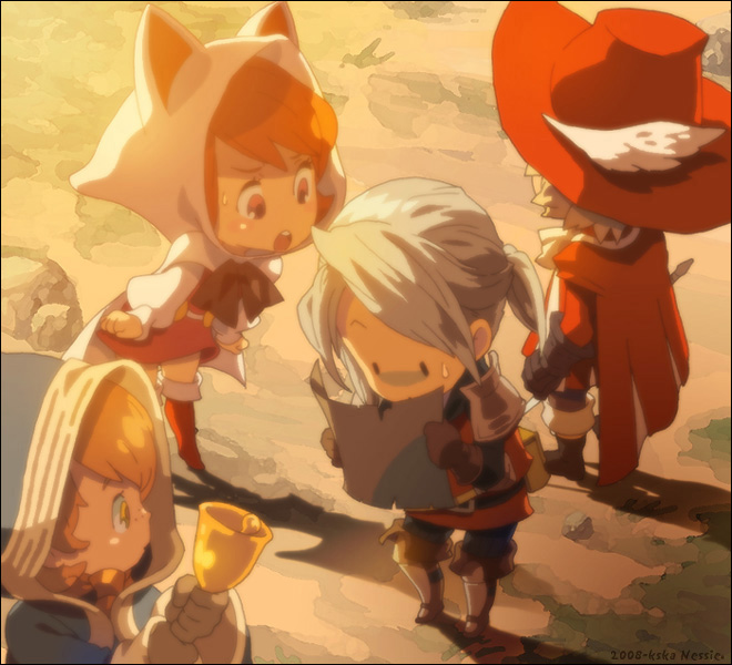 nessie, nessie (kska), arc (ff3), devout, geomancer (final fantasy), ingus, luneth, red mage (final fantasy), refia, seer, warrior (final fantasy), final fantasy, final fantasy iii, bad id, bad pixiv id, 1990s (style), 1girl, 3boys, animal ears, animal hood, bell, cat ears, cat hood, chibi, geomancer, hat, hood, multiple boys, retro artstyle, warrior