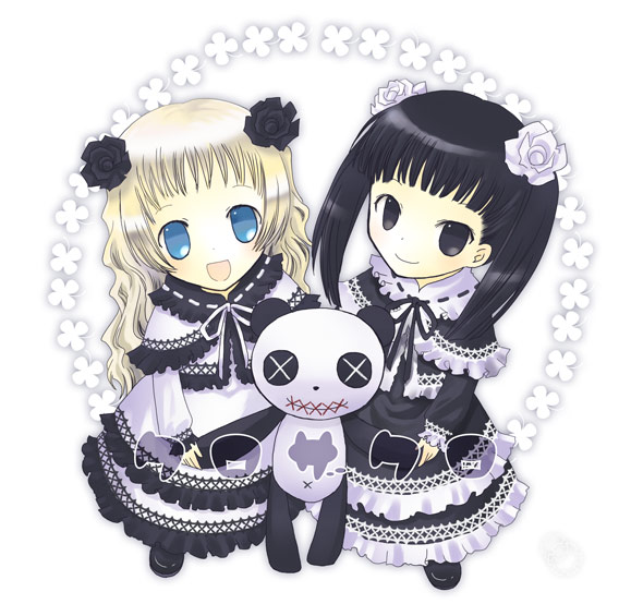 shima yukiwa, 2girls, black eyes, black hair, blonde hair, blue eyes, goth fashion, multiple girls, stuffed animal, stuffed toy, twintails