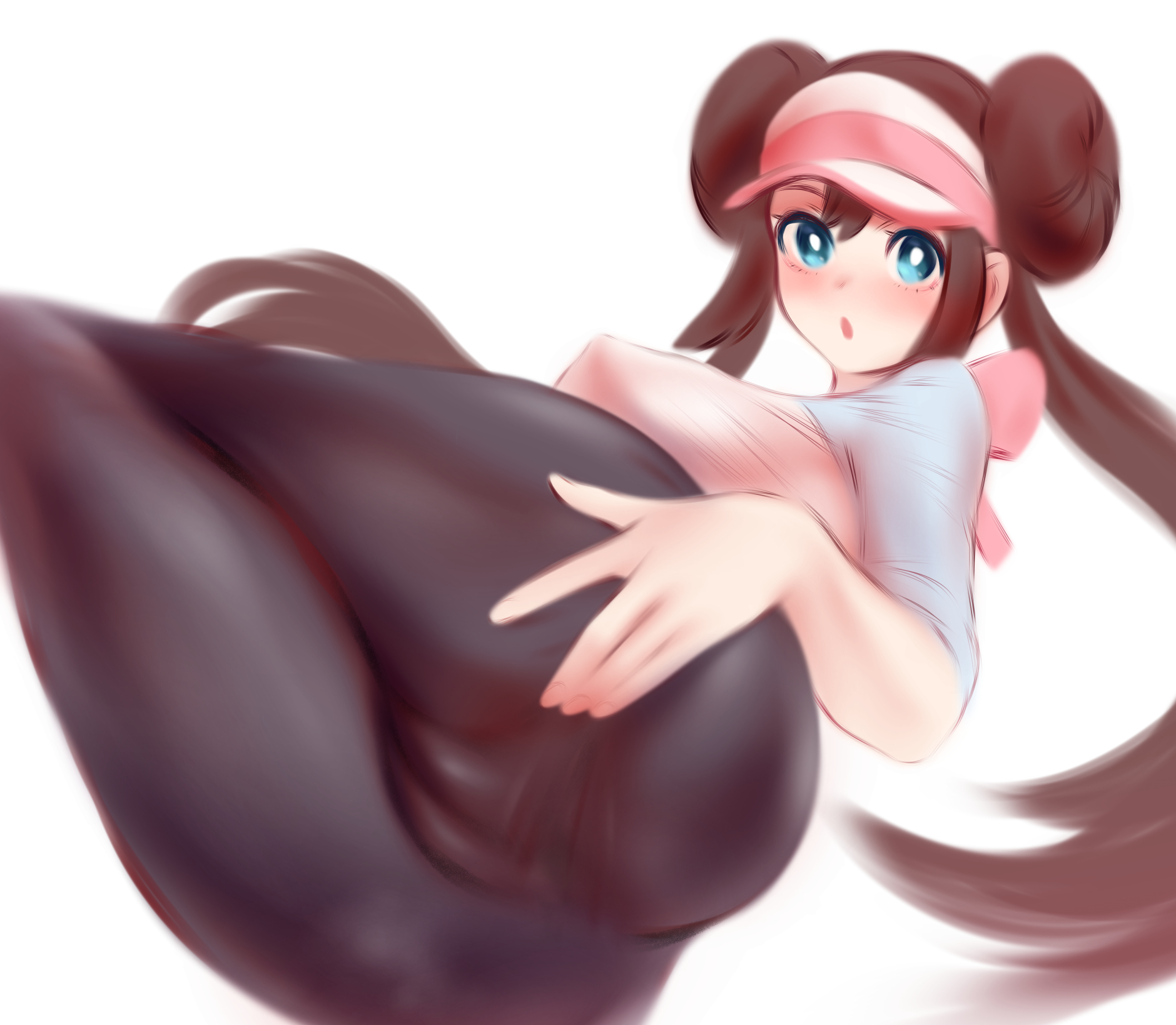 shpo, rosa (pokemon), nintendo, pokemon, pokemon bw2, commentary, highres, 1girl, :o, aqua eyes, ass, black pantyhose, blue shirt, blush, bow, breasts, brown hair, cameltoe, covered erect nipples, crossed legs, donut hair bun, double bun, hair bun, hand on own ass, hat, large breasts, long hair, looking at viewer, open mouth, pantyhose, pink bow, pink hat, raglan sleeves, shirt, simple background, solo, thighs, twintails, two-tone hat, two-tone shirt, visor cap, white background, white hat, white shirt