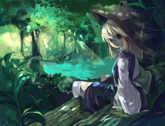 cis (carcharias), moriya suwako, touhou, 1girl, blonde hair, female focus, hair ribbon, hat, leaf, looking at viewer, looking back, nature, oekaki, red eyes, ribbon, short hair, sitting, smile, solo, thighhighs, tree, tree shade, water, white thighhighs
