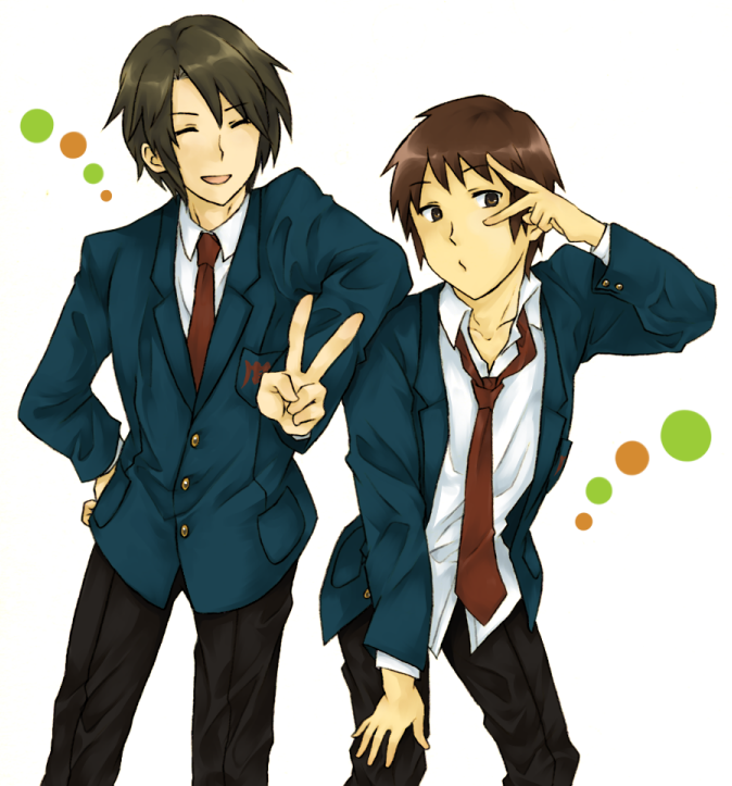 hinoeya kiuri, koizumi itsuki, kyon, suzumiya haruhi no yuuutsu, 00s, 2boys, male focus, multiple boys, v, v over eye