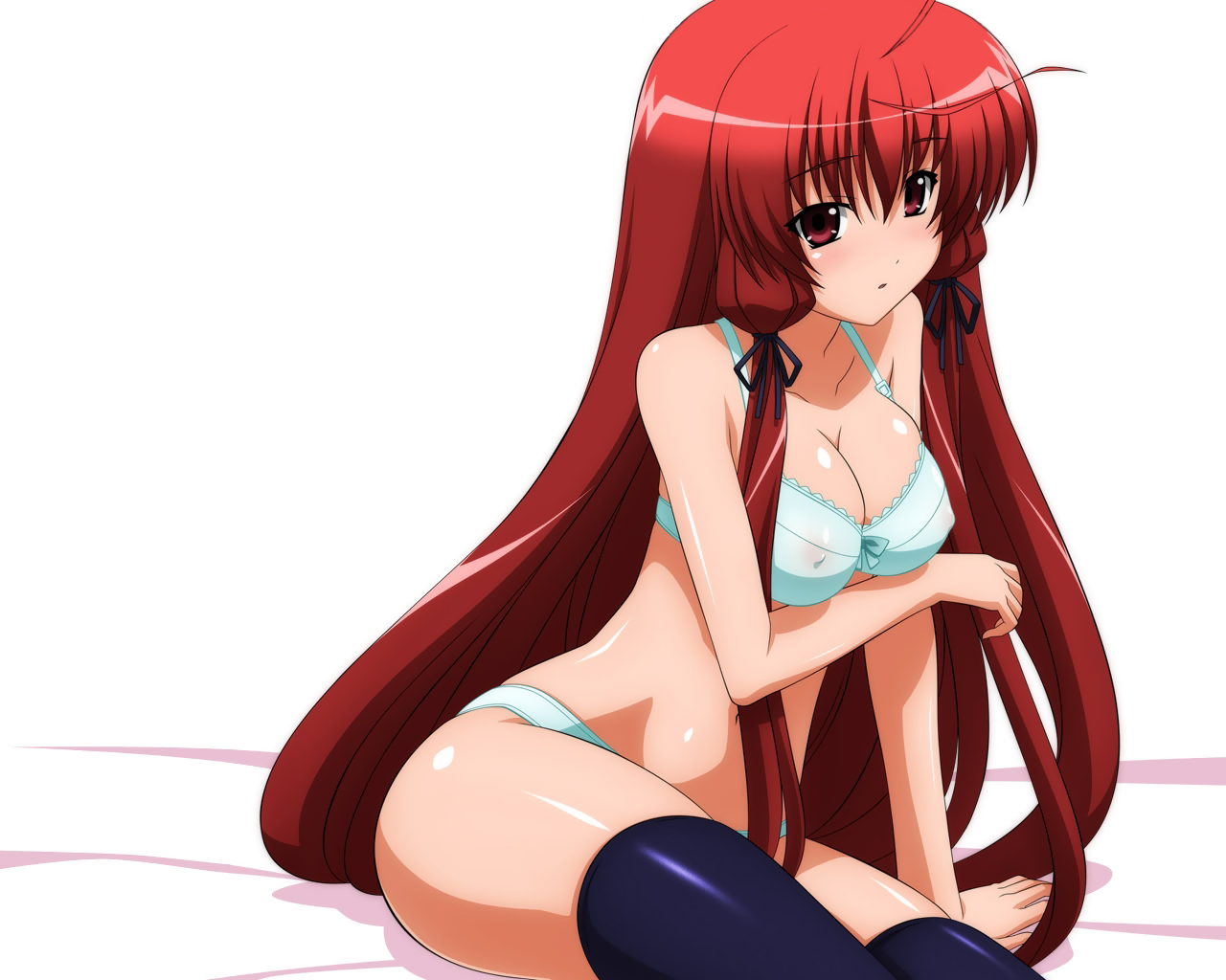 sugimura tomokazu, himuro akari, night wizard, non-web source, 00s, 1girl, ahoge, bra, breasts, cleavage, covered erect nipples, female focus, hair ribbon, lingerie, long hair, panties, red eyes, red hair, ribbon, solo, thighhighs, underwear, underwear only, very long hair