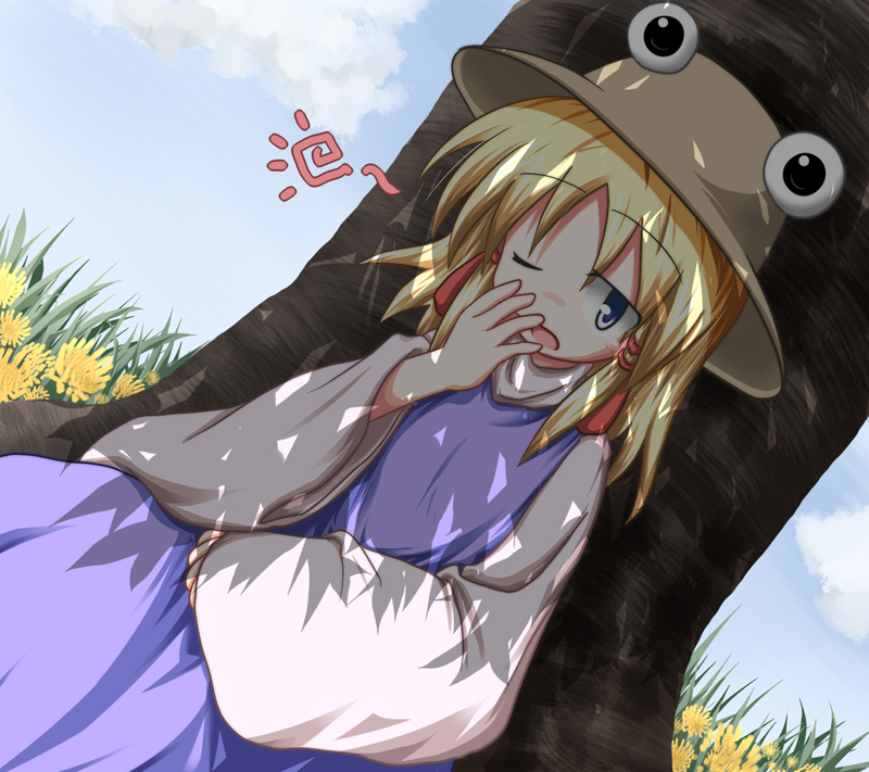 baerun, moriya suwako, touhou, 1girl, blonde hair, blue eyes, female focus, flower, hat, nature, outdoors, plant, sky, sleepy, solo