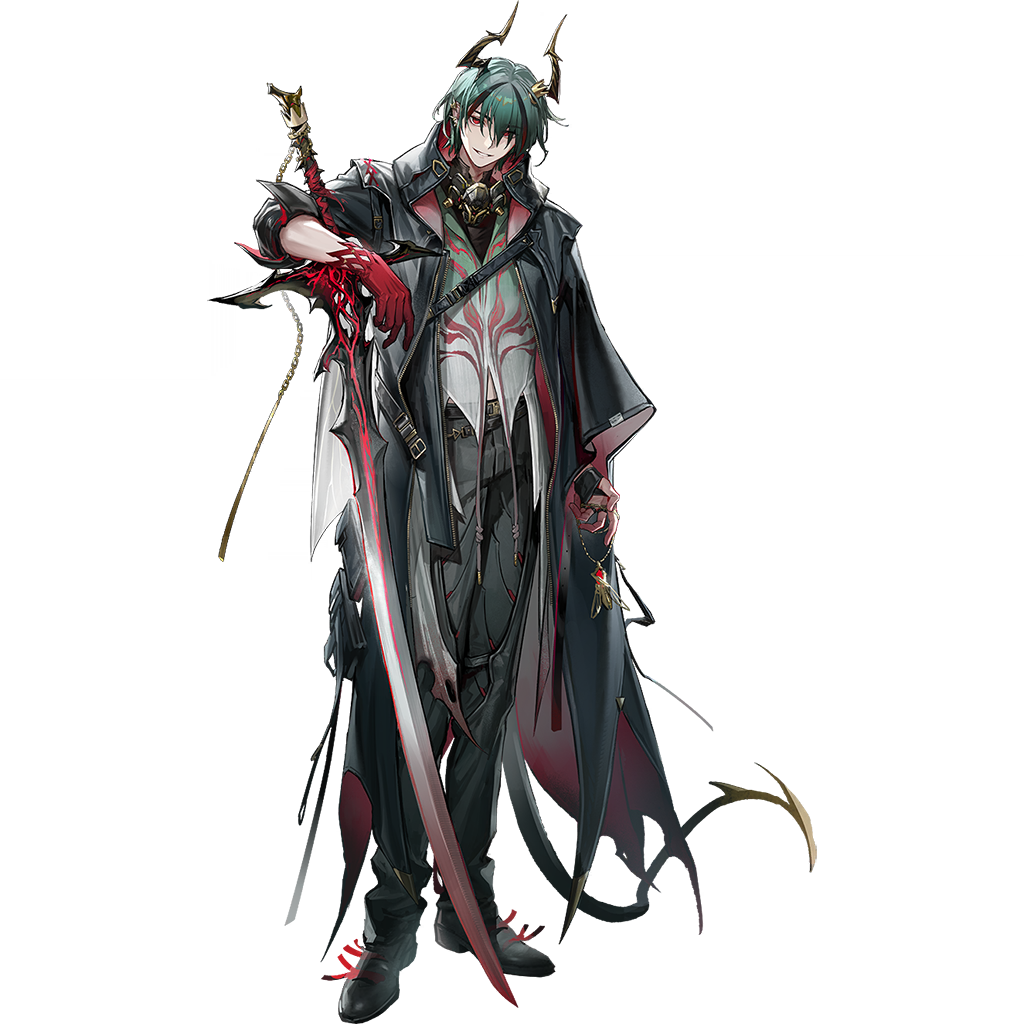 kang yiqian (self cultivation), arknights, official art, third-party source, 1boy, arm rest, asymmetrical gloves, asymmetrical sleeves, belt, bishounen, black belt, black coat, black hair, black pants, black shoes, coat, demon boy, demon horns, demon tail, full body, gloves, gradient clothes, gradient shirt, green hair, green shirt, grin, horns, jewelry, looking at viewer, male focus, midriff peek, milton (arknights), mismatched gloves, mismatched sleeves, multicolored hair, multiple rings, pants, planted, planted sword, planted weapon, red eyes, red gloves, ring, shirt, shoes, short hair, simple background, smile, solo, standing, streaked hair, sword, tachi-e, tail, transparent background, two-sided coat, two-sided fabric, weapon, white shirt