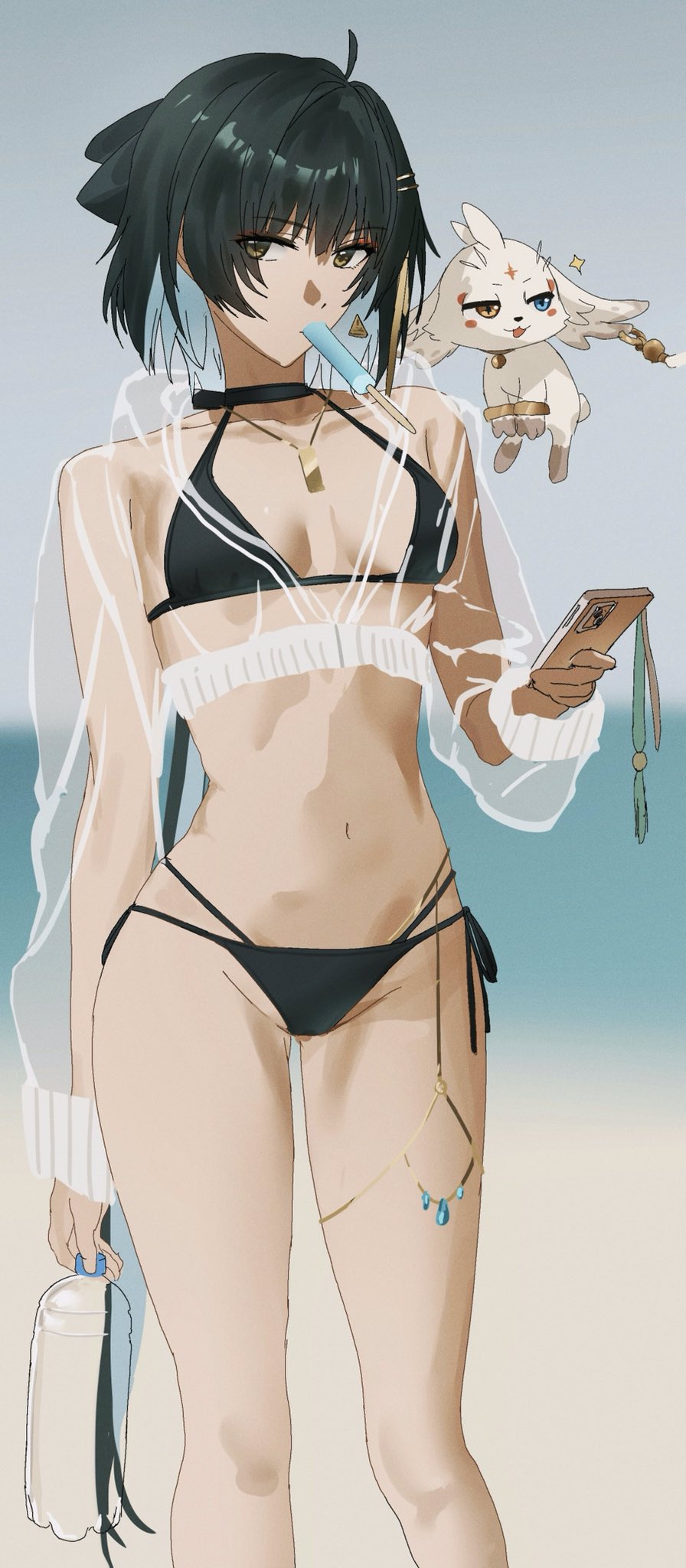 nakmini, abby (wuthering waves), female rover (wuthering waves), rover (wuthering waves), wuthering waves, commentary, hashtag-only commentary, highres, 1girl, alternate costume, bare legs, bikini, black bikini, black hair, blurry, blurry background, bottle, breasts, cellphone, colored inner hair, cropped hoodie, earrings, food, food in mouth, gluteal fold, groin, hair ornament, hairclip, halterneck, holding, holding bottle, holding phone, hood, hoodie, jewelry, legs, looking at viewer, medium breasts, multi-strapped bikini bottom, multicolored hair, necklace, outdoors, parallel hairclips, phone, popsicle, popsicle in mouth, see-through hoodie, side-tie bikini bottom, smartphone, string bikini, swimsuit, thighs, triangle earrings, water bottle, white hoodie, yellow eyes