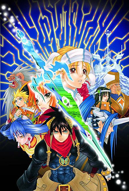 kanoe youshi, elena (grandia), mareg (grandia), melfice (grandia), millenia (grandia), roan (grandia), ryudo (grandia), selene (grandia), tio (grandia), zera innocentius, game arts, grandia, grandia ii, official art, 3girls, 6+boys, everyone, multiple boys, multiple girls, sword, weapon