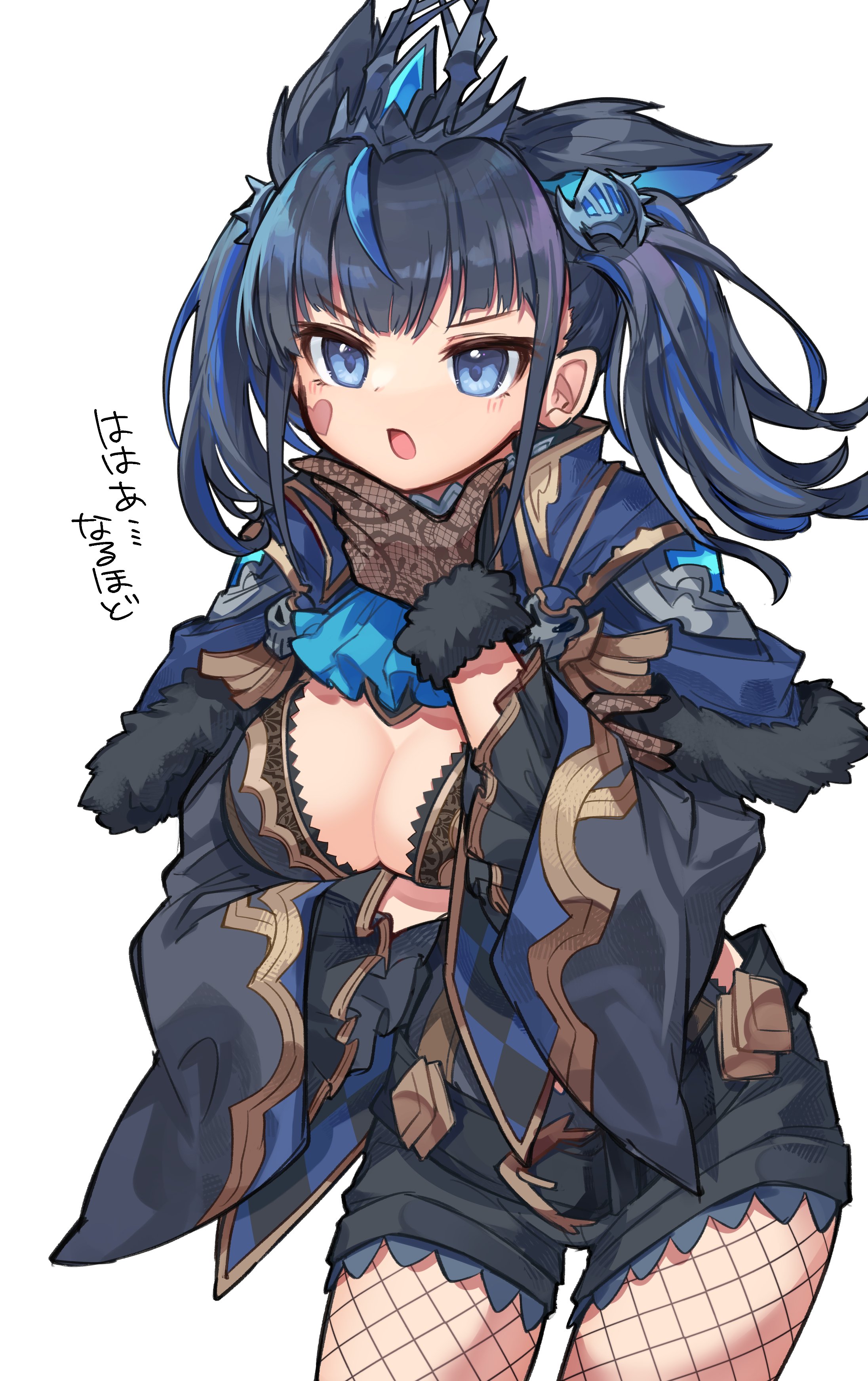 kuuron (moesann17), nelle (p&d), puzzle & dragons, absurdres, highres, 1girl, animal ears, black hair, blue hair, breasts, cat ears, cleavage, crown, facial mark, fishnets, fur trim, gloves, hair ornament, large breasts, long hair, multicolored hair, ponytail, shorts, solo, streaked hair, twintails, two-tone hair