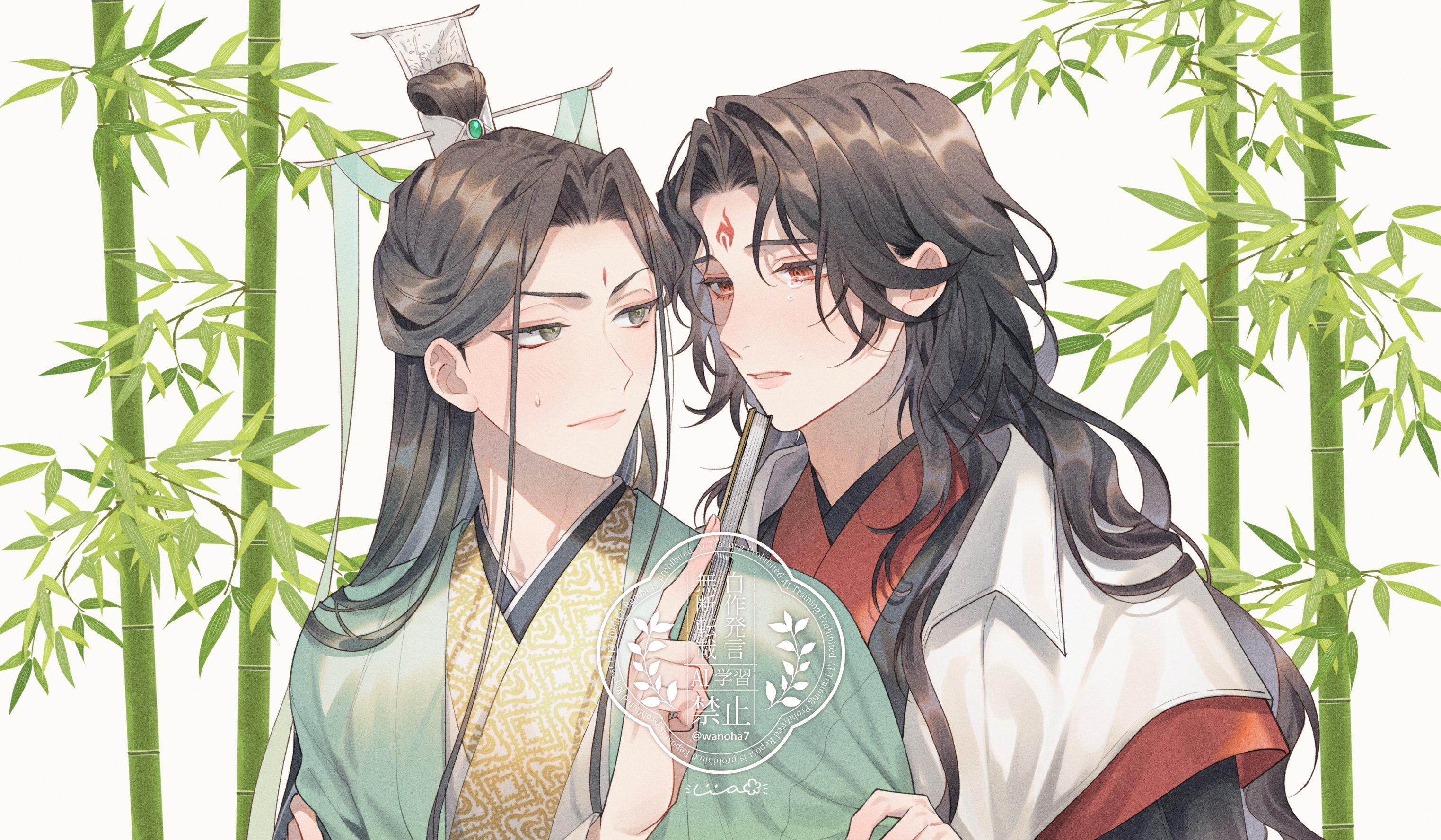 luo binghe, shen qingqiu, zuiyin, renzha fanpai zijiu xitong, highres, 2boys, bamboo, bindi, bishounen, black hair, black hanfu, chinese clothes, closed mouth, crying, curtained hair, facial mark, forehead mark, green hanfu, green ribbon, hair bun, hand fan, hanfu, holding, holding fan, long hair, long sleeves, male focus, multiple boys, red eyes, ribbon, two-tone hanfu, two-tone robe, wanoha7, wavy hair, xiao guan (headdress)