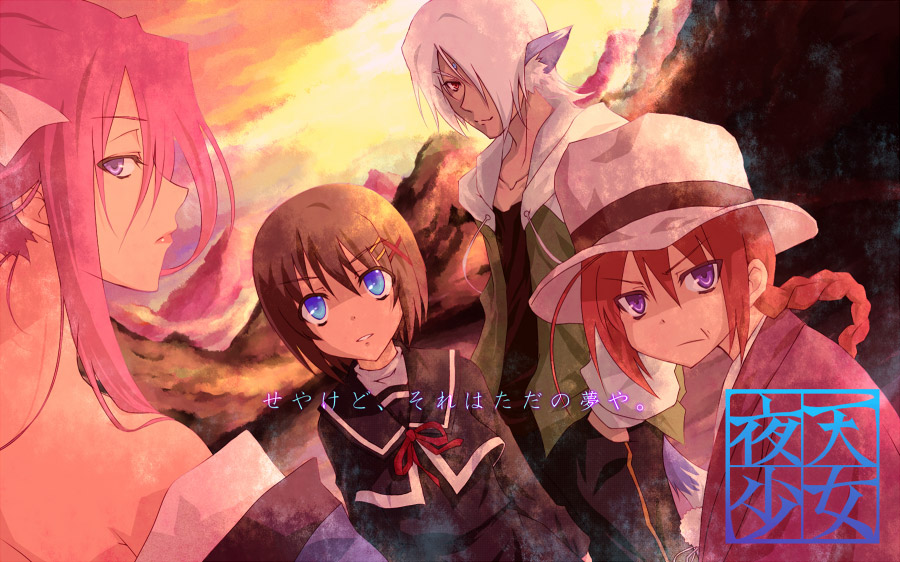 nekokun, signum, vita (nanoha), yagami hayate, zafira, jigoku shoujo, lyrical nanoha, mahou shoujo lyrical nanoha, mahou shoujo lyrical nanoha a's, 1boy, 3girls, adapted costume, blue eyes, blush, braid, brown hair, evening, expressionless, fedora, hair over one eye, hat, long hair, looking at viewer, looking back, multiple girls, parody, pink hair, purple eyes, red hair, short hair, smile, sunlight, sunset, twin braids, upper body, very long hair