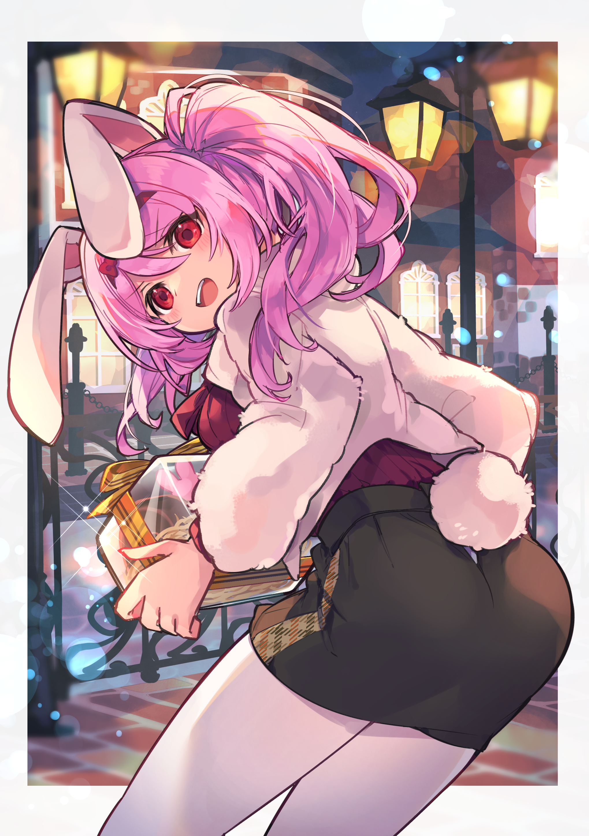 kuuron (moesann17), puzzle & dragons, absurdres, highres, 1girl, animal ears, bow, bowtie, coat, deena (p&d), gift, holding, long hair, looking at viewer, looking back, open mouth, outdoors, pink hair, rabbit ears, rabbit girl, rabbit tail, red bow, red bowtie, red eyes, solo, tail, thighhighs, white coat, white thighhighs, yellow bow