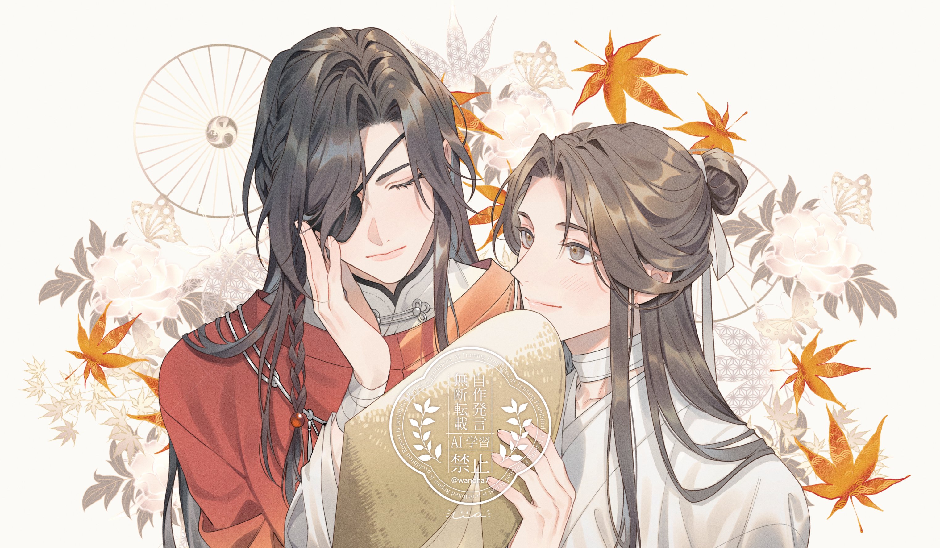 hua cheng, xie lian, tianguan cifu, silver necklace, highres, 2boys, bandaged neck, bandages, beads, bishounen, black hair, braid, brown hair, chinese clothes, closed mouth, eyepatch, hair beads, hair bun, hair ornament, hair ribbon, hanfu, hat, holding, jewelry, long hair, long sleeves, male focus, multiple boys, necklace, one eye covered, red hanfu, ribbon, rice hat, side braid, single braid, single hair bun, smile, wanoha7, white hanfu, yuanlingpao