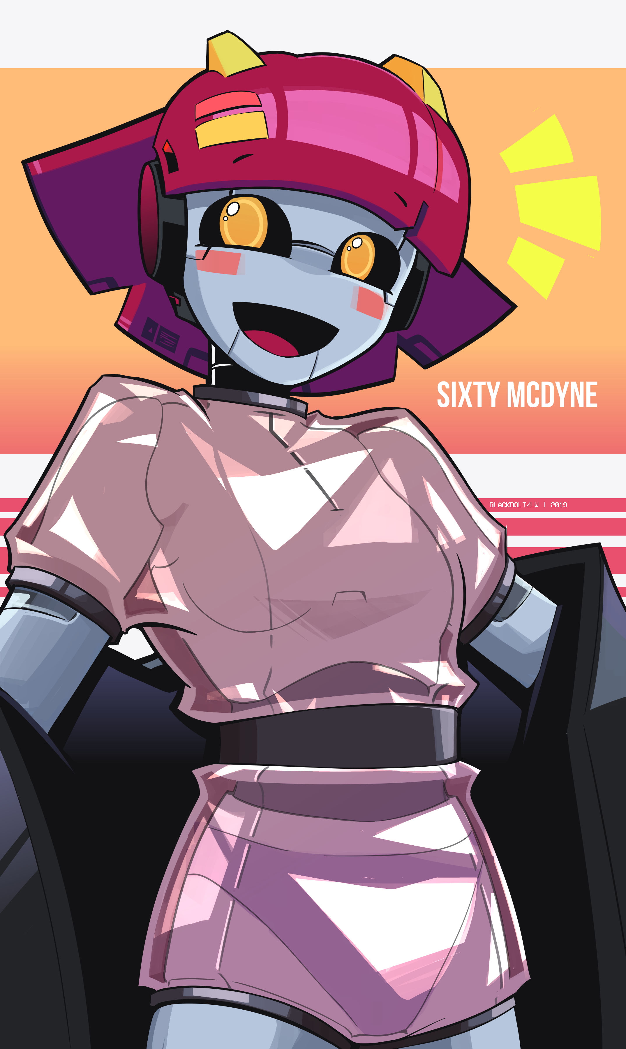 blackbolt lonewolf, original, 1girl, 2019, android, artist name, blush, breasts, character name, dated, eyebrows hidden by hair, gynoid, happy, mechanical hair, open mouth, orange eyes, panties, red hair, robot, robot ears, robot girl, see-through clothes, short hair, small breasts, tongue, two-tone background, underwear