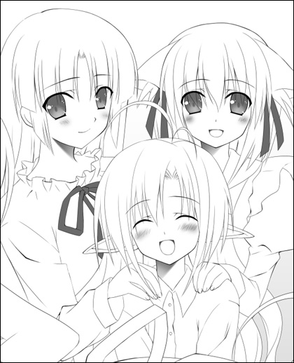 zinno, original, eyebrows, 3girls, :d, animal ears, blush, cat ears, greyscale, hair ribbon, looking at viewer, monochrome, multiple girls, open mouth, ribbon, short hair, simple background, smile, white background