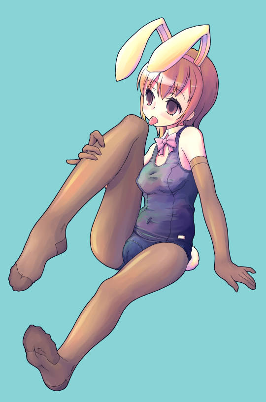 kimarin, toe-point, copyright request, jpeg artifacts, 1girl, animal ears, brown pantyhose, elbow gloves, fake animal ears, feet, female focus, gloves, licking, old school swimsuit, one-piece swimsuit, pantyhose, pantyhose under swimsuit, playboy bunny swimsuit, rabbit ears, school swimsuit, soles, solo, swimsuit, tongue