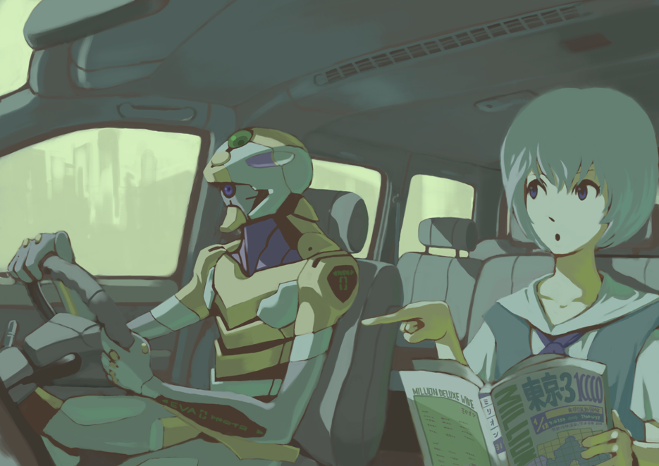 tomioka jirou, ayanami rei, eva 00, neon genesis evangelion, 1girl, :o, alternate eye color, artistic error, blue eyes, blue hair, book, car, car interior, mecha, motor vehicle, open book, pointing, reading, right-hand drive, robot, school uniform, serafuku, short hair, slice of life, what