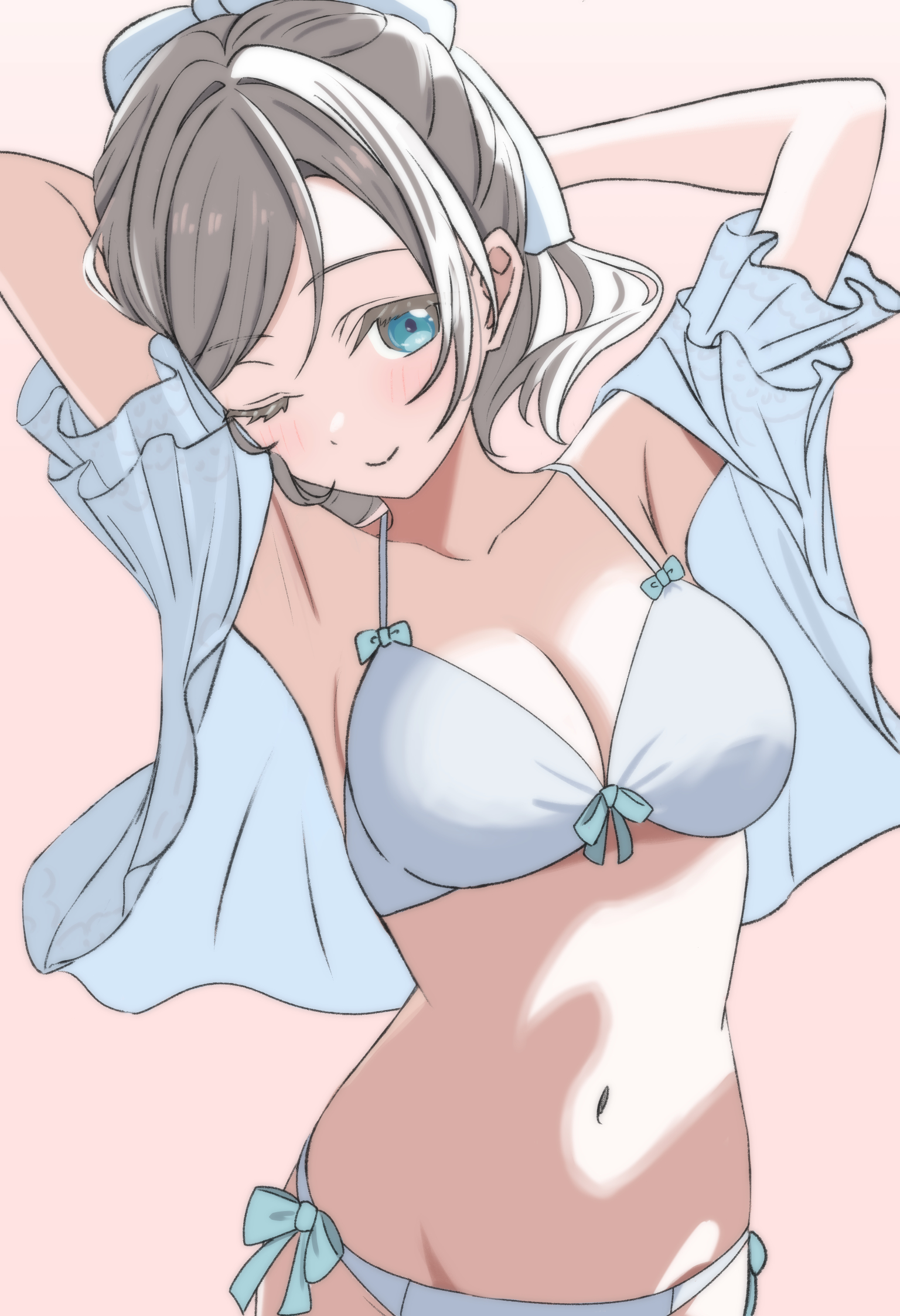 masaki (masakinariya), ceras yanagida lilienfeld, link! like! love live!, love live!, commentary request, highres, 1girl, armpits, arms behind head, bikini, blue eyes, blue jacket, breasts, ceras yanagida lilienfeld (swimsuit), cleavage, closed mouth, collarbone, front-tie bikini top, front-tie top, grey hair, hair ribbon, jacket, large breasts, looking at viewer, navel, official alternate costume, one eye closed, pink background, ribbon, short-sleeved jacket, short sleeves, side-tie bikini bottom, simple background, smile, solo, swimsuit, upper body, white bikini