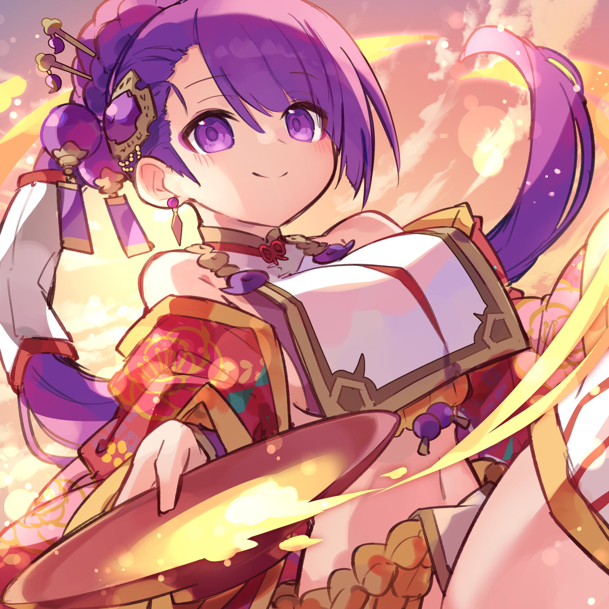 kuuron (moesann17), kamimusubi (p&d), puzzle & dragons, highres, 1girl, bare shoulders, blush, breasts, closed mouth, earrings, eyes visible through hair, hair between eyes, hair ornament, holding, jewelry, large breasts, long hair, looking at viewer, navel, ponytail, purple eyes, sideboob, smile, solo, stomach