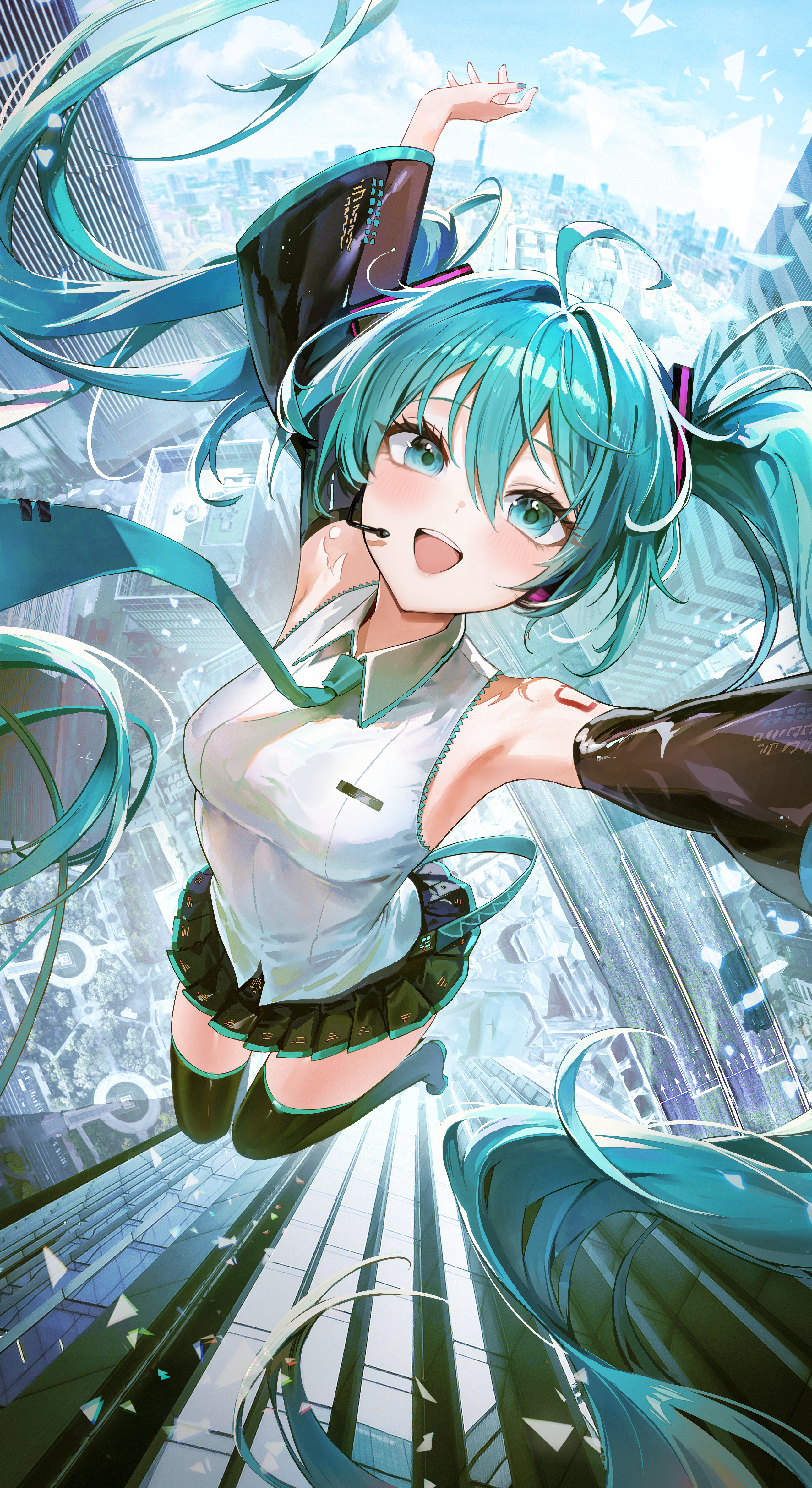 pibag, hatsune miku, vocaloid, absurdres, commentary request, highres, 1girl, ahoge, aqua eyes, aqua hair, aqua necktie, armpits, arms up, bare shoulders, black skirt, black sleeves, black thighhighs, blush, breasts, city, detached sleeves, grey shirt, hair between eyes, hair intakes, long hair, looking at viewer, miniskirt, necktie, open mouth, pleated skirt, shirt, skirt, smile, solo, thighhighs, twintails, very long hair