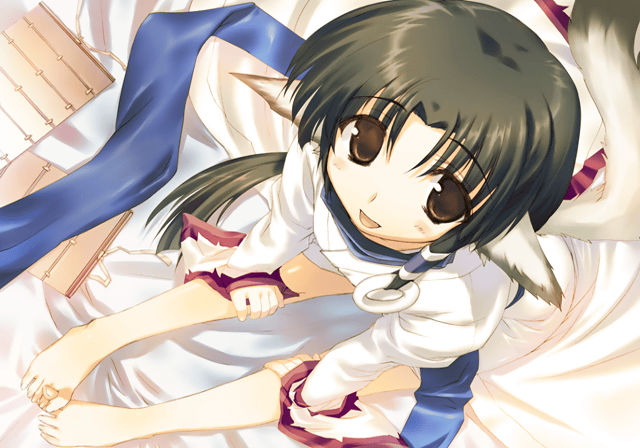 eruruu, utawarerumono, 00s, animal ears, barefoot, brown hair, dog ears, japanese clothes, long hair, sitting, solo, tail