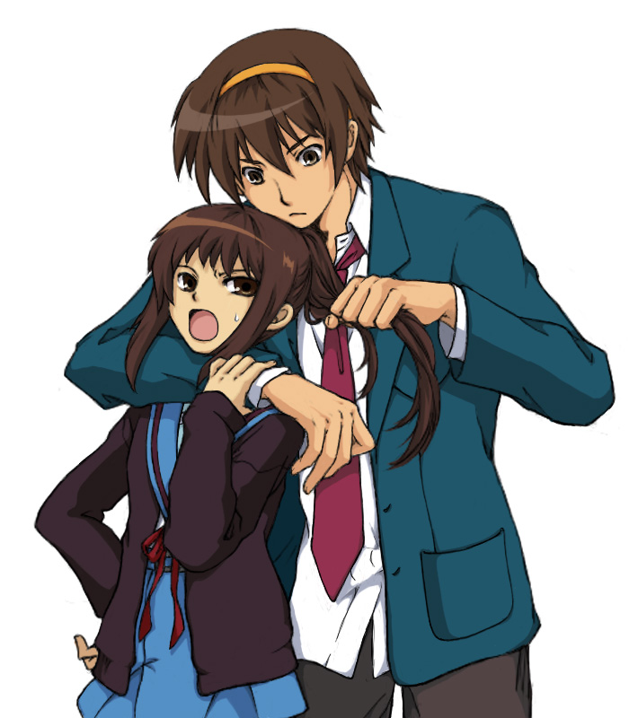 hachimitsu, hachimitsu (rjrjr), kyon, kyonko, suzumiya haruhi, suzumiya haruhiko, suzumiya haruhi no yuuutsu, tall, bad id, bad pixiv id, 00s, 1boy, 1girl, genderswap, genderswap (ftm), genderswap (mtf), grabbing another's hair, height difference, holding another's hair, ponytail, school uniform, serafuku, size difference