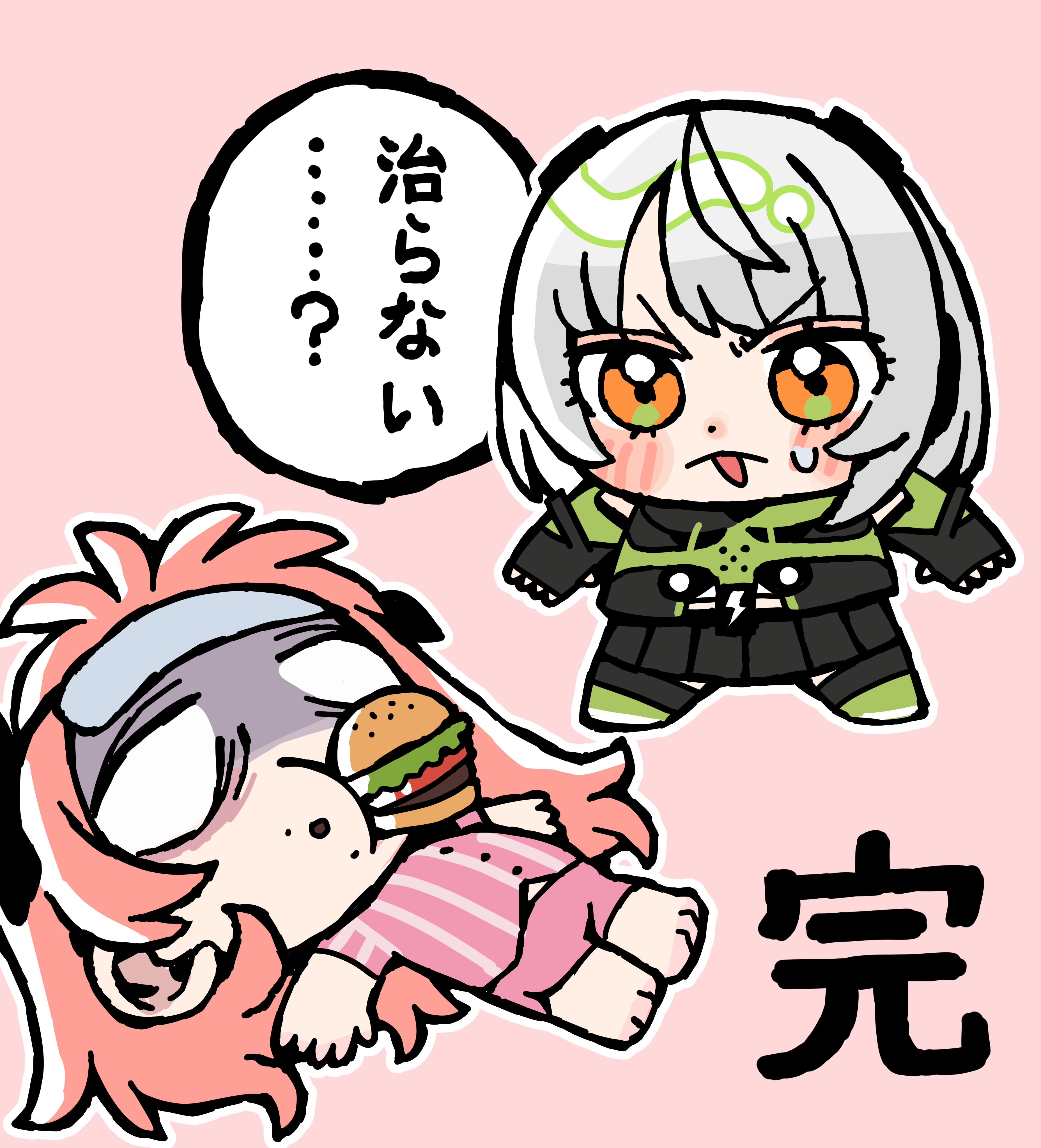andii (anzai teachco), anby demara, nicole demara, zenless zone zero, absurdres, highres, barefoot, burger, fingerless gloves, food, full stomach, gloves, green jacket, grey hair, headband, headphones, jacket, lying, on back, orange eyes, pajamas, pink hair, pink pajamas, skirt, sleeveless, sleeveless jacket, sweatdrop, tongue, tongue out