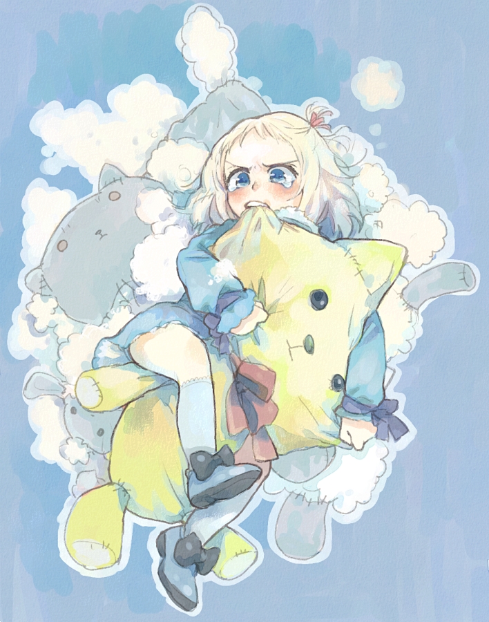 sakana45, original, bad id, bad pixiv id, biting, ribbon, solo, stuffed animal, stuffed toy, tears
