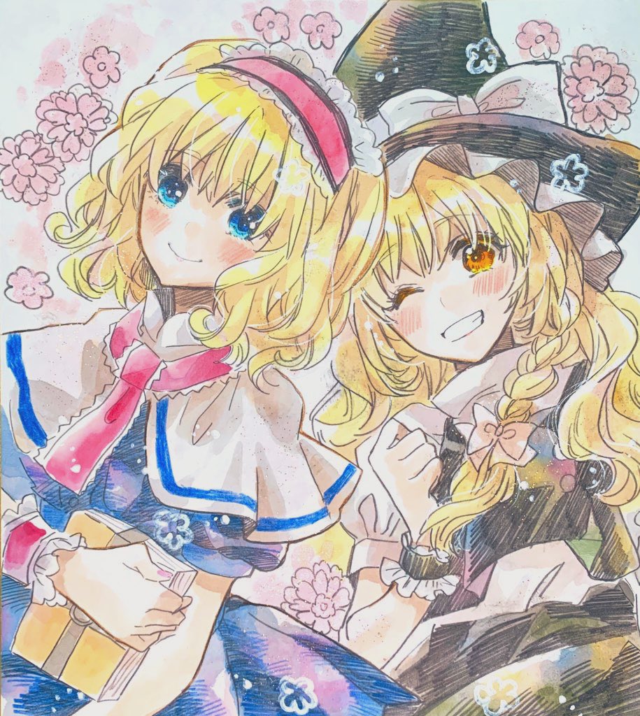 akaioringo2023, alice margatroid, kirisame marisa, touhou, 2girls, blonde hair, blue eyes, braid, flower, hat, long hair, looking at viewer, multiple girls, one eye closed, pink flower, short sleeves, side braid, smile, witch hat