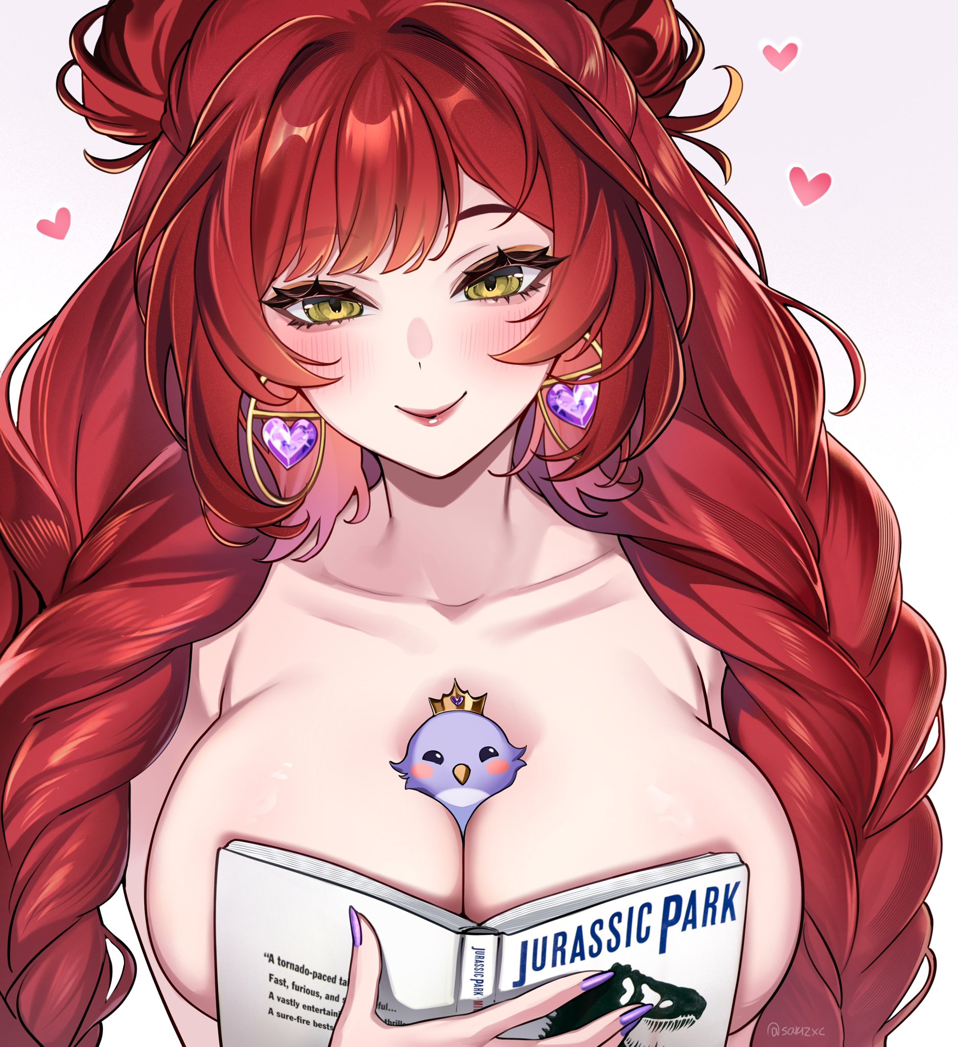 sakichka, elle (vtuber), indie virtual youtuber, highres, 1girl, between breasts, book, braid, breasts, closed mouth, collarbone, earrings, heart, heart earrings, hoop earrings, jewelry, large breasts, lips, long hair, purple nails, red hair, smile, twin braids, twitter username, upper body, virtual youtuber, white background, yellow eyes