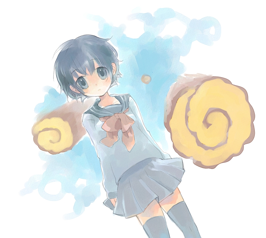 sakana45, bad id, bad pixiv id, tagme, food, school uniform, serafuku, sky, solo, thighhighs