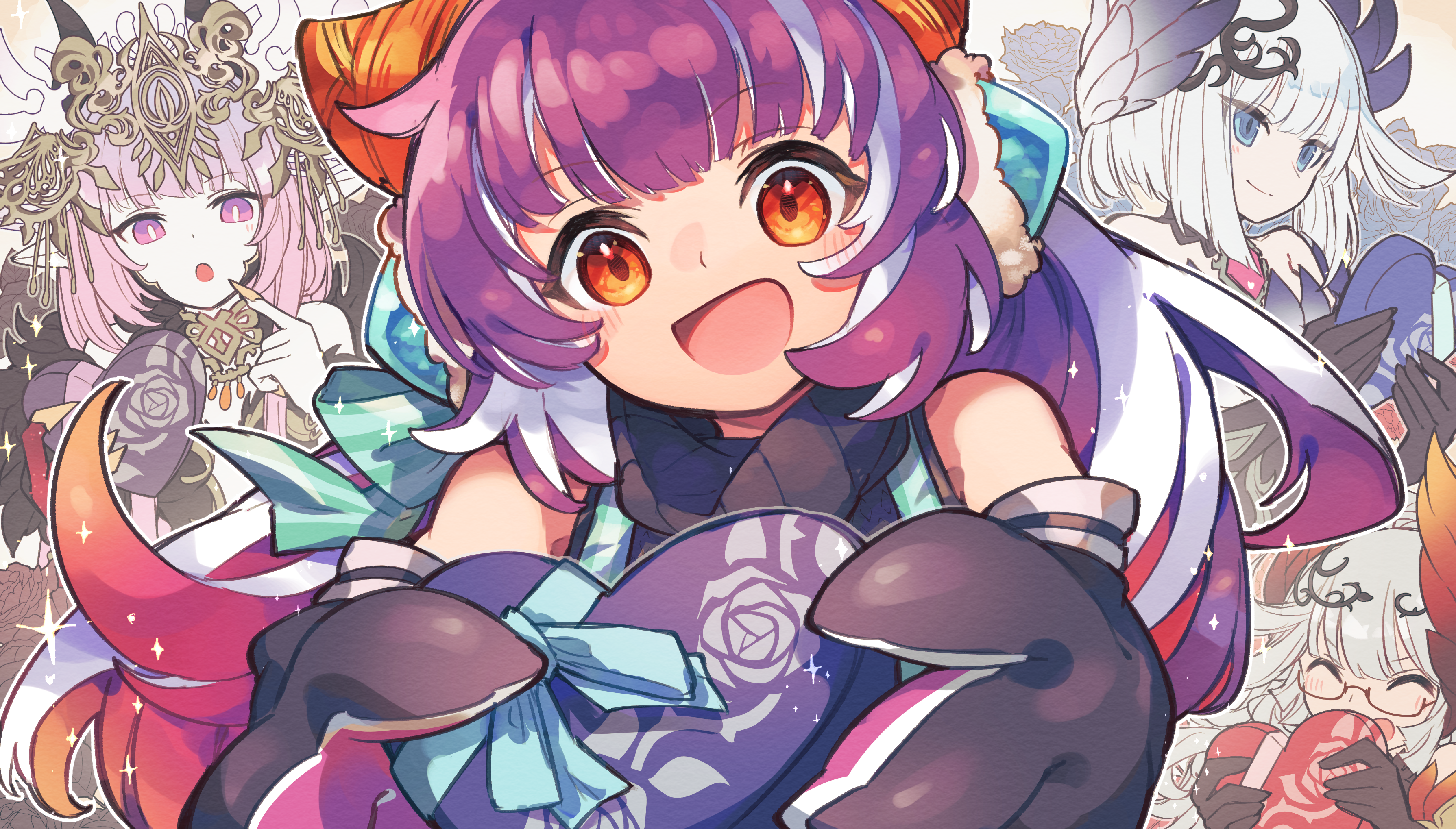 kuuron (moesann17), reeche (p&d), puzzle & dragons, absurdres, character request, highres, 4girls, :d, ^ ^, bare shoulders, black dress, blue eyes, blue flower, blue rose, blue wings, bridal gauntlets, candy, chocolate, chocolate heart, closed eyes, dragon girl, dragon horns, dragon tail, dress, finger to mouth, flower, food, grey hair, head wings, headgear, headpiece, heart, heart-shaped food, holding, horns, long hair, looking at viewer, multicolored hair, multiple girls, open mouth, orange eyes, pink eyes, pink hair, pointy ears, ponno (p&d), raffine (p&d), red wings, rose, short hair, smile, tail, white hair, wings
