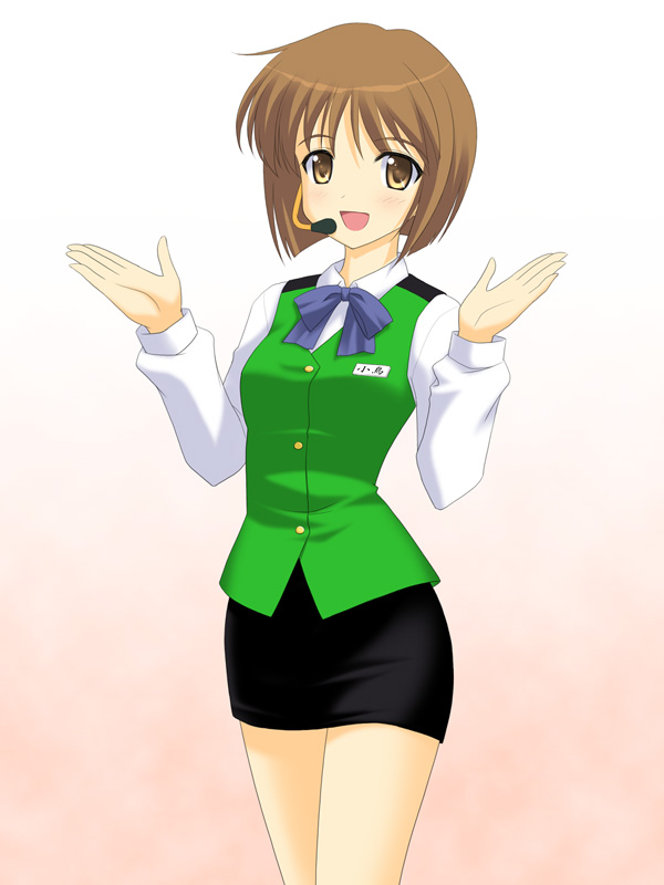 masakichi (crossroad), hagiwara yukiho, otonashi kotori, idolmaster, idolmaster (classic), idolmaster 1, 1girl, bow, bowtie, brown eyes, brown hair, cosplay, female focus, headset, microphone, otonashi kotori (cosplay), short hair, solo