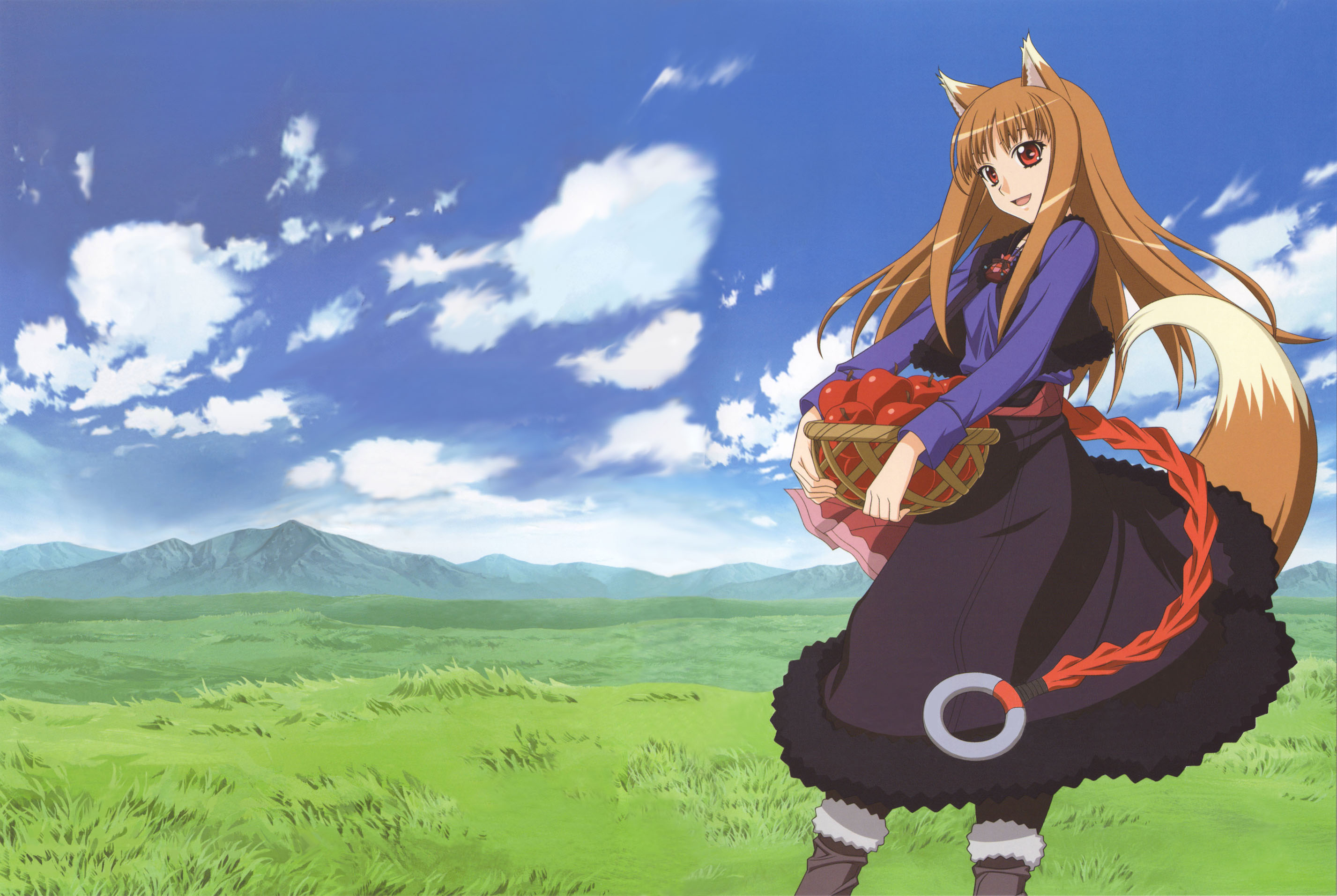 kuroda kazuya, holo, spice and wolf, highres, official art, scan, 00s, 1girl, :d, animal ears, apple, basket, boots, brown hair, carrying, cloud, day, dress, female focus, food, fruit, fur trim, grass, jewelry, long hair, mountain, necklace, open mouth, outdoors, pouch, red eyes, sky, smile, solo, standing, tail, vest, wolf ears, wolf tail