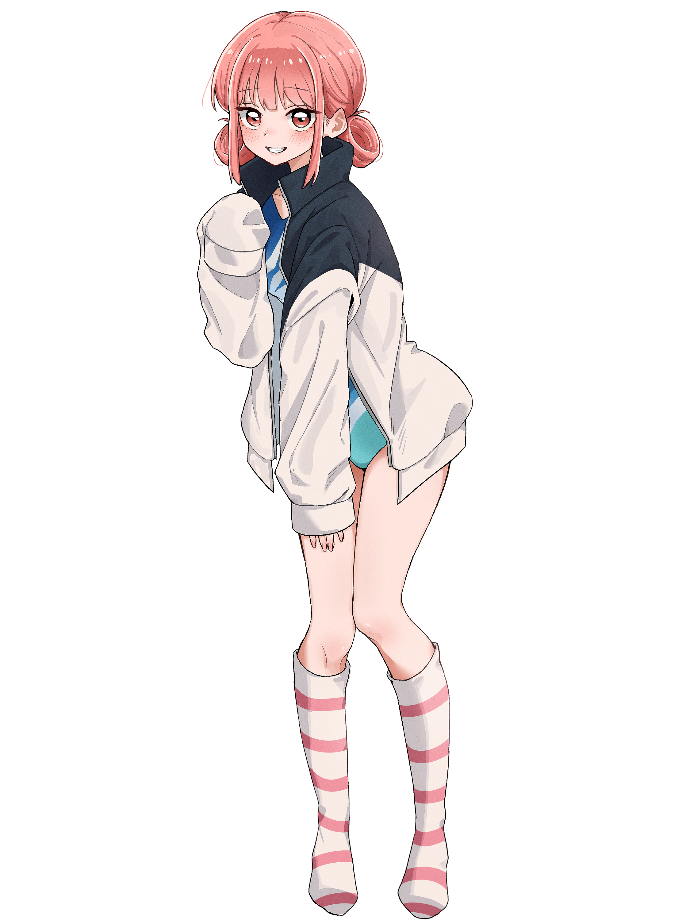 hoduttang, chouno hina, ao no hako, absurdres, highres, 1girl, athletic leotard, blush, horizontal-striped socks, jacket, leotard, long sleeves, looking at viewer, medium hair, open mouth, pink hair, red eyes, simple background, smile, socks, solo, striped clothes, striped socks, thighs, track jacket, white background