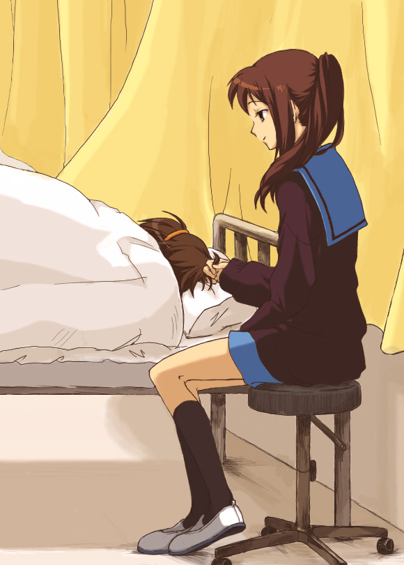 hachimitsu, hachimitsu (rjrjr), kyon, kyonko, suzumiya haruhi no yuuutsu, bad id, bad pixiv id, 00s, 1girl, female focus, genderswap, genderswap (mtf), kneehighs, ponytail, school uniform, serafuku, socks, solo