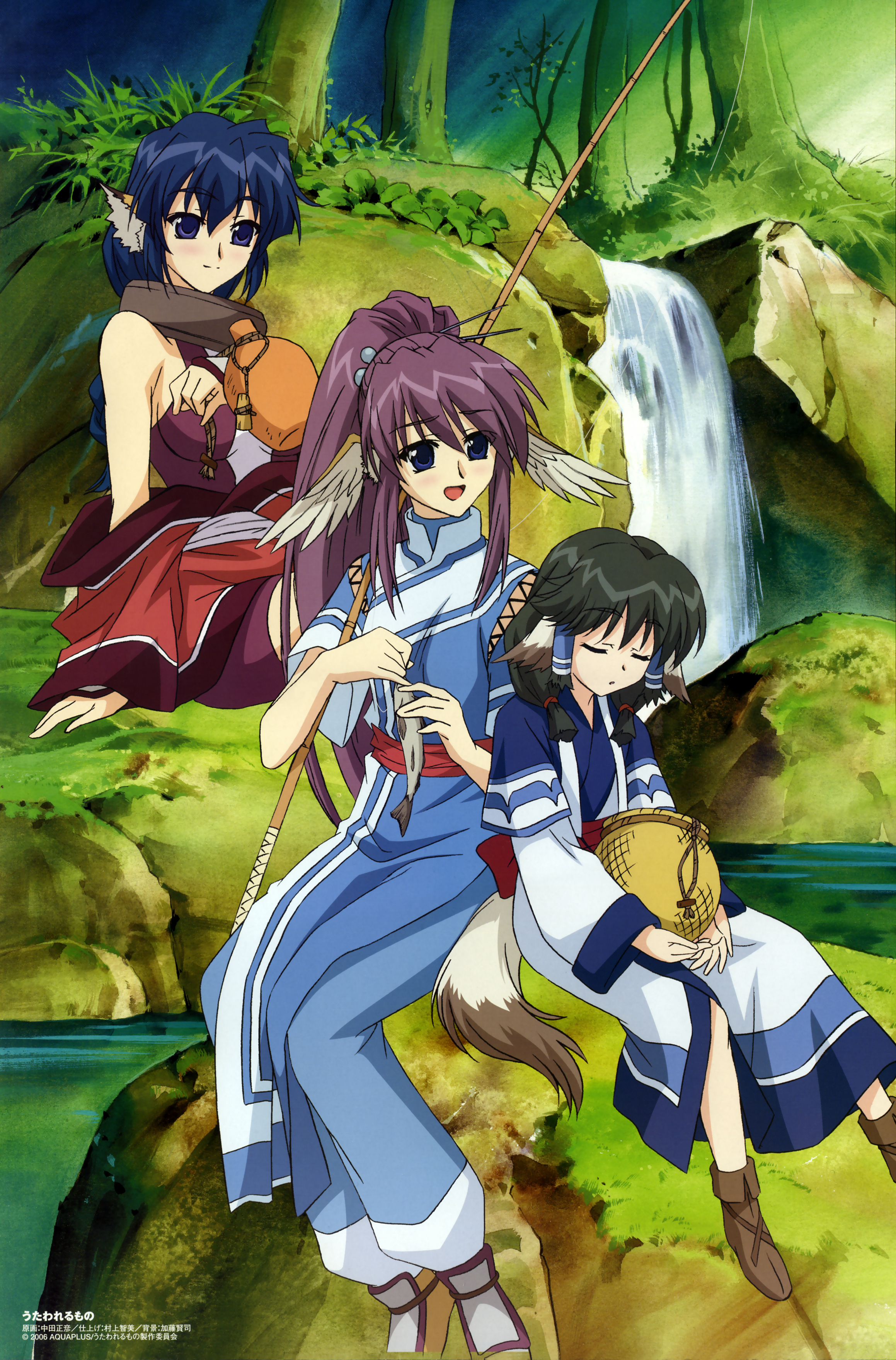 nakata masahiko, aruruu, karulau, touka (utawarerumono), comp h's, utawarerumono, absurdres, highres, huge filesize, 00s, 3girls, animal ears, blue hair, brown hair, dog ears, fish, japanese clothes, long hair, multiple girls, ponytail, purple hair, short hair, sitting, tail