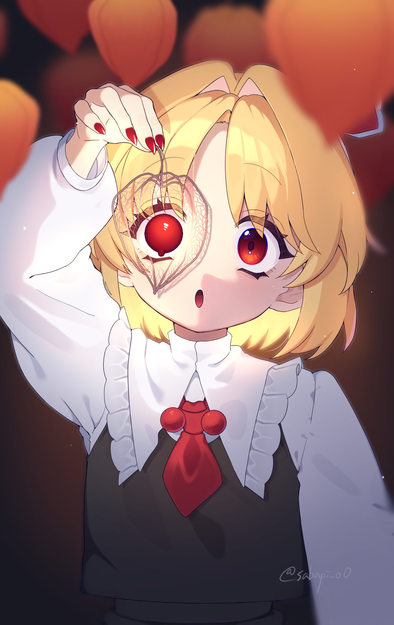 sabapi oo, rumia, touhou, commentary, highres, 1girl, :o, arm up, ascot, black vest, blonde hair, chinese lantern (plant), frilled shirt collar, frills, fruit request, hair ribbon, holding, long sleeves, open mouth, red ascot, red eyes, red nails, red ribbon, ribbon, shirt, short hair, solo, twitter username, upper body, vest, white shirt