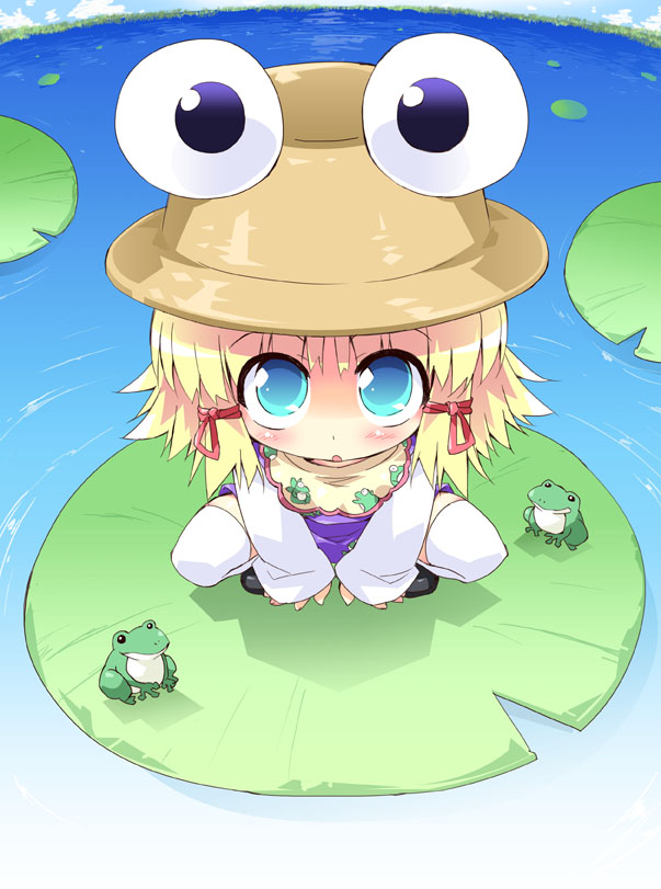 petenshi (dr. vermilion), moriya suwako, touhou, 1girl, female focus, frog, hat, lily pad, nature, outdoors, plant, skirt, sky, solo