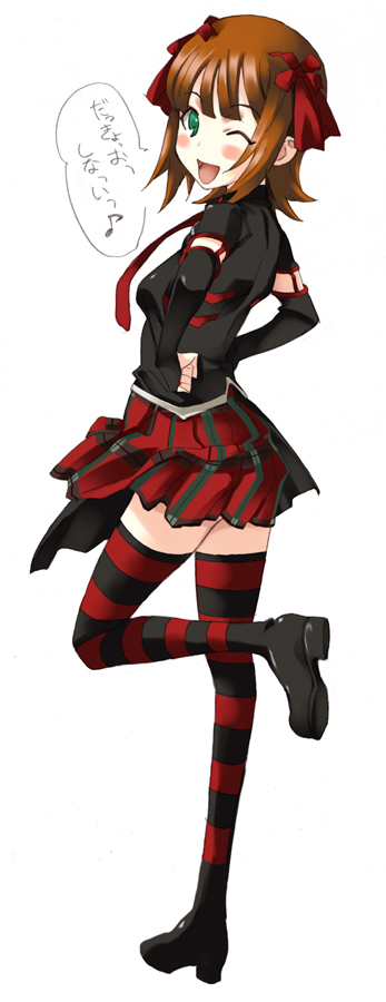 rato, amami haruka, dark haruka, idolmaster, idolmaster (classic), 00s, blush, brown hair, green eyes, hair ribbon, legs, one eye closed, punkish gothic, ribbon, short hair, skirt, solo, striped clothes, striped thighhighs, thighhighs, wink, zettai ryouiki