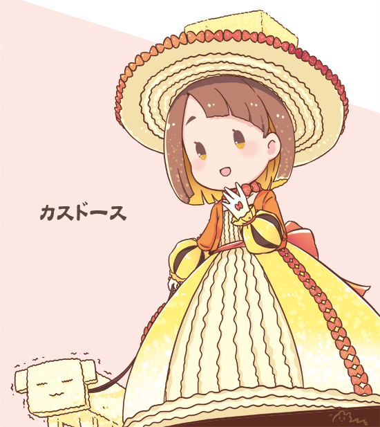 mizuki maya, original, commentary request, 1girl, :d, blonde hair, blunt bangs, blunt ends, bob cut, bow, brown hair, casdoce, closed eyes, colored inner hair, dress, food-themed hat, glove bow, gloves, hat, holding, holding leash, jacket, leash, long dress, multicolored hair, open clothes, open jacket, open mouth, orange jacket, personification, pet walking, puffy sleeves, red bow, short hair, smile, solo, sun hat, trembling, two-tone hair, wavy mouth, white gloves, yellow dress, yellow eyes