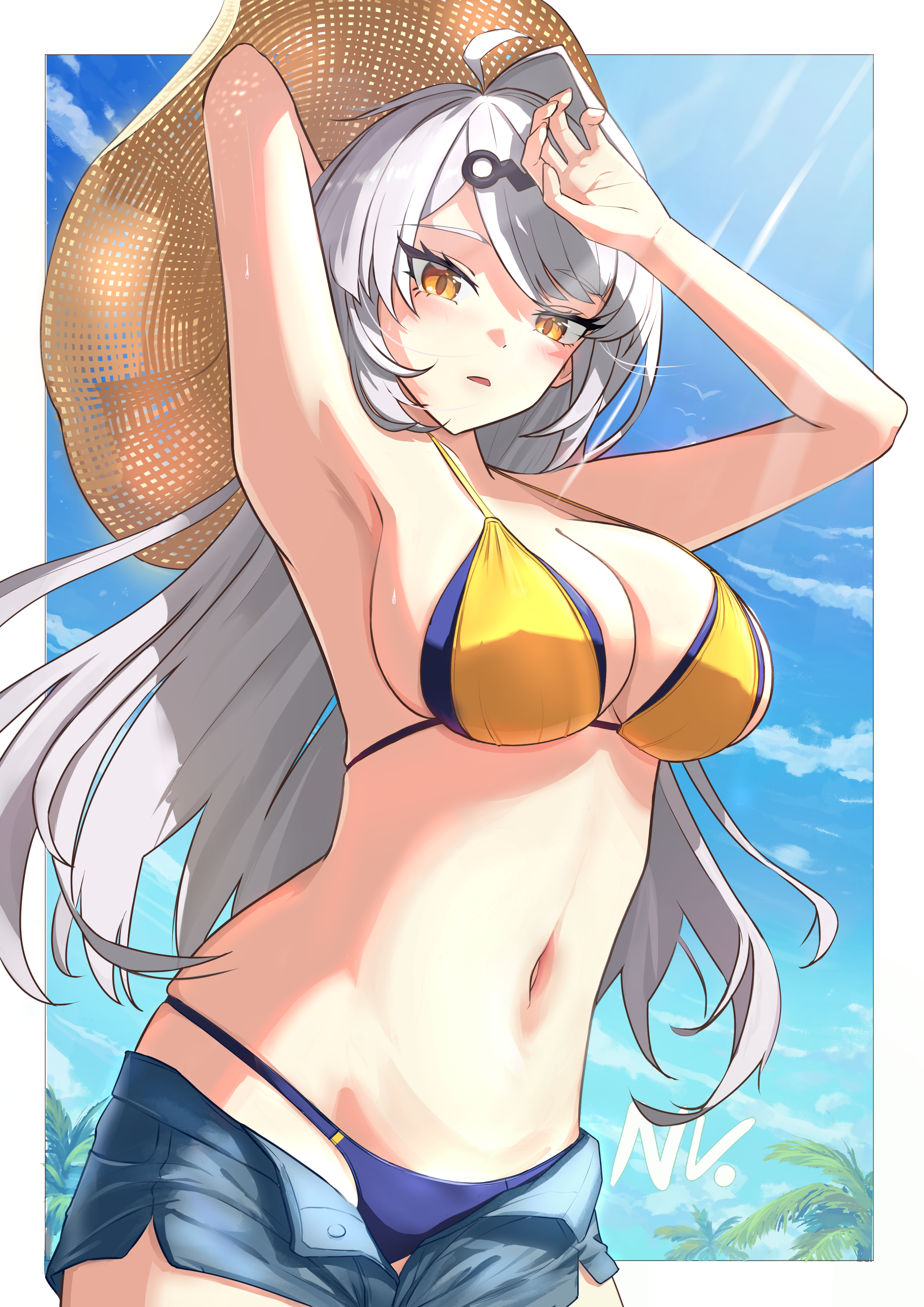 yixuan (zenless zone zero), zenless zone zero, absurdres, highres, 1girl, ahoge, bikini, breasts, hair ornament, large breasts, long hair, looking at viewer, naaavuuu, shorts, solo, swimsuit, white hair, yellow eyes