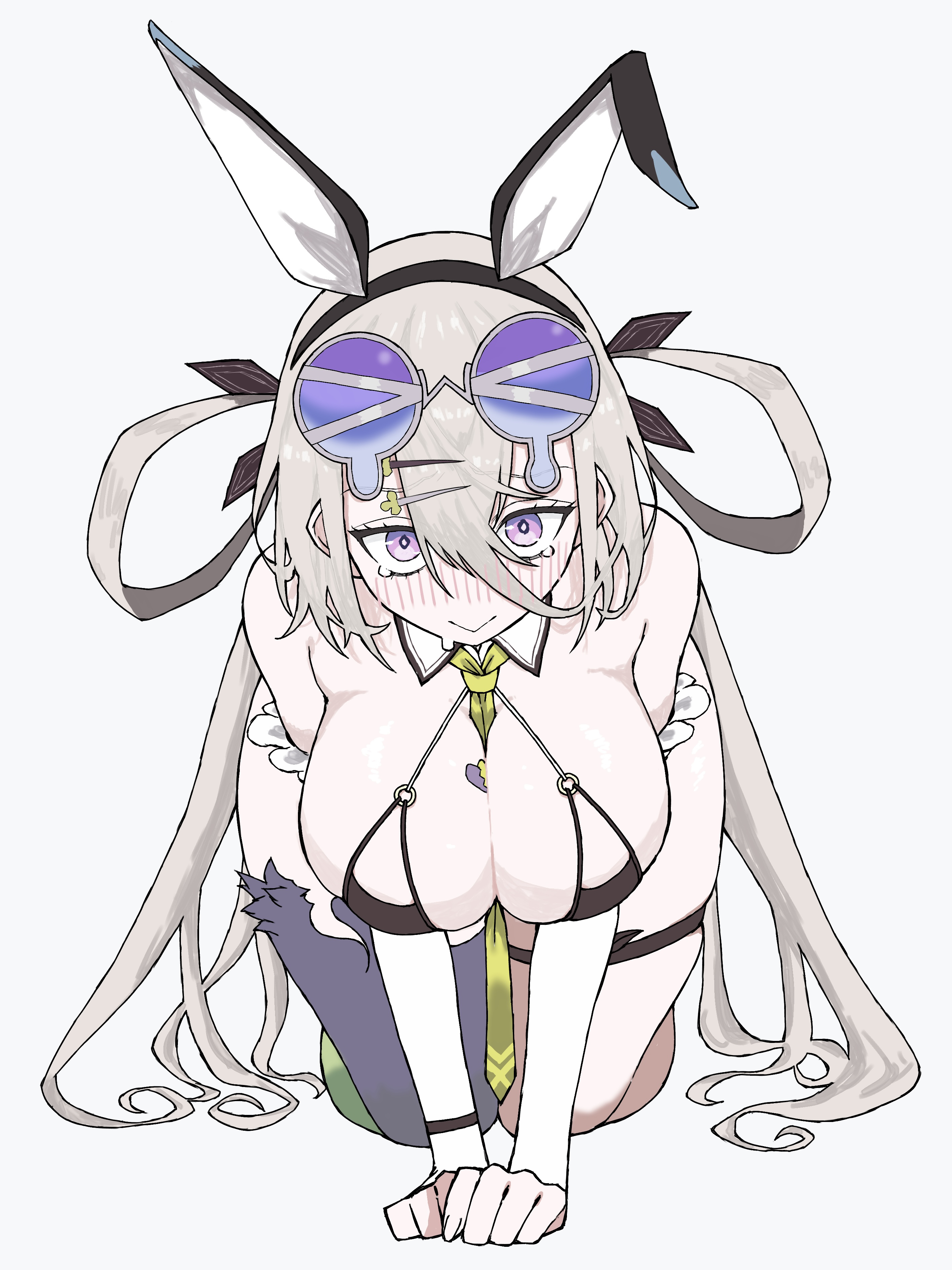 audio1114, huyan zhuo (fate), huyan zhuo (swimsuit berserker) (fate), fate/grand order, fate (series), absurdres, highres, 1girl, animal ears, blush, breasts, cleavage, eyewear on head, fake animal ears, grey hair, hair rings, large breasts, leotard, long hair, looking at viewer, playboy bunny, purple eyes, simple background, solo, white background