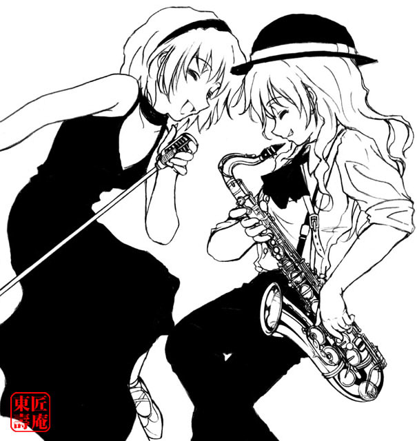 aka ringo, alice margatroid, kirisame marisa, touhou, 2girls, alternate costume, contemporary, dress, female focus, greyscale, instrument, microphone stand, monochrome, multiple girls, saxophone, sleeves rolled up