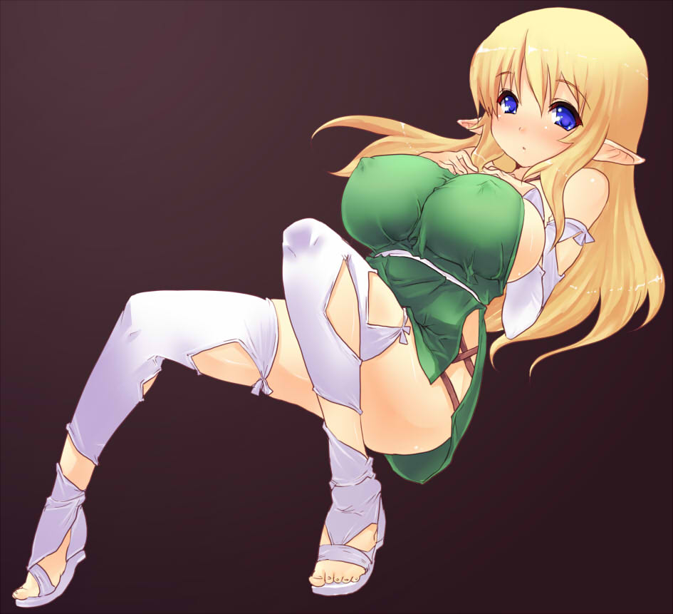 goban, tiffania westwood, zero no tsukaima, 00s, 1girl, bad anatomy, bad feet, blonde hair, blue eyes, breasts, covered erect nipples, elf, feet, female focus, halterneck, huge breasts, large breasts, pointy ears, poorly drawn, skirt, solo, thighhighs