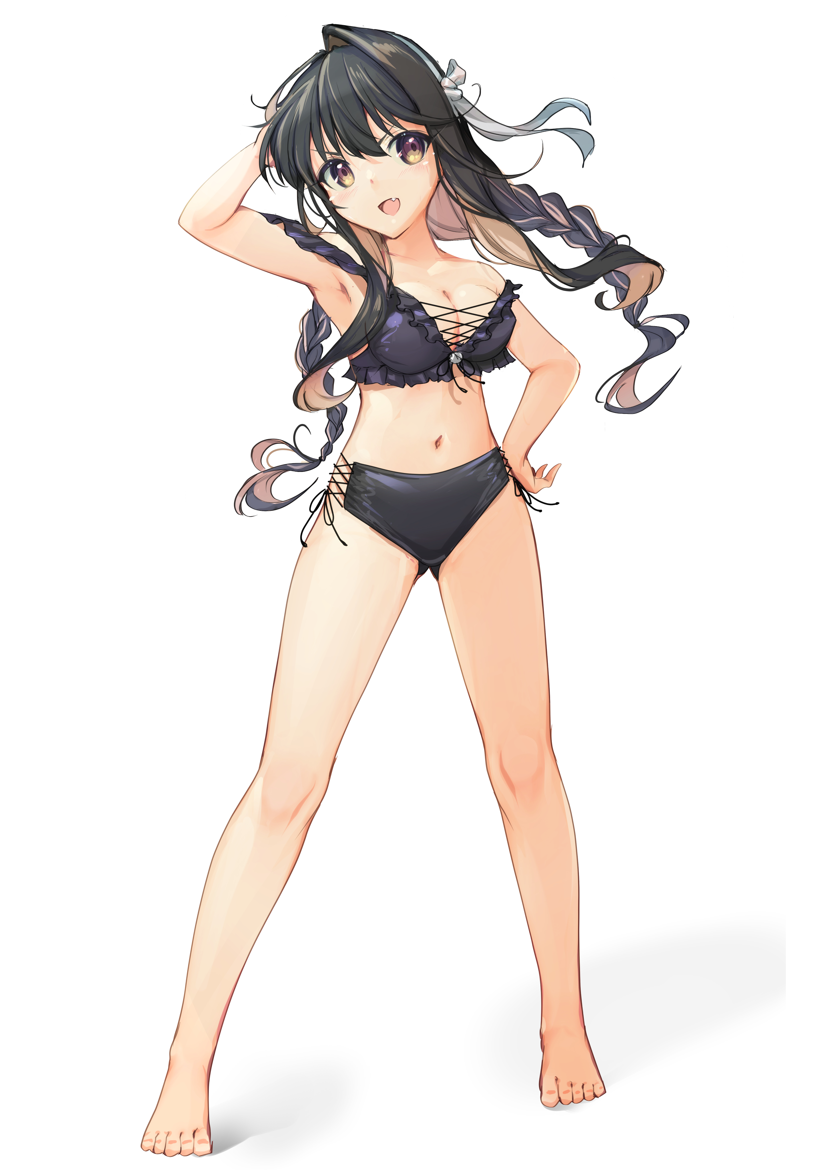 yashin (yasinz), naganami (kancolle), naganami kai ni (kancolle), kantai collection, absurdres, highres, 1girl, barefoot, bikini, black bikini, black hair, bow, bowtie, braid, breasts, criss-cross straps, fang, frilled bikini, frills, full body, hairband, large breasts, long hair, looking at viewer, low twin braids, multicolored hair, naganami kai ni (swimsuit) (kancolle), pink hair, smile, solo, swimsuit, twin braids, two-tone hair, wavy hair, white background, white hairband