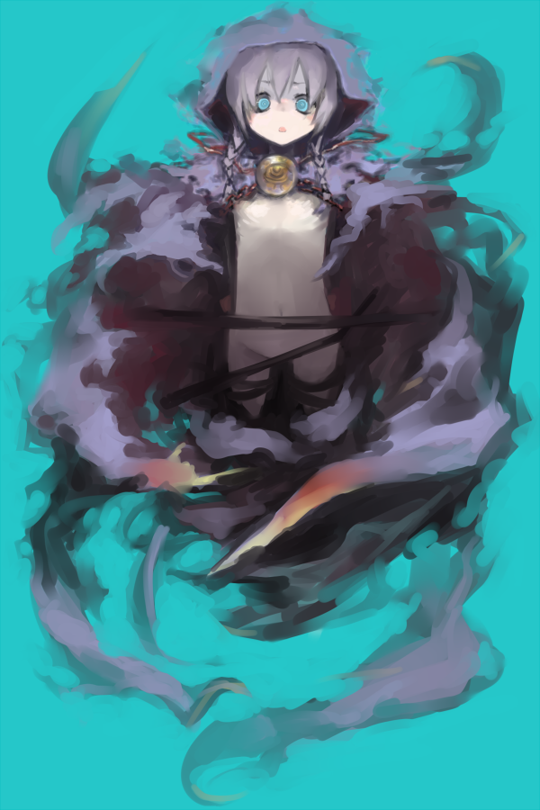 ume (datsuryokugen), curse maker, curse maker 2, atlus, etrian odyssey, silver hair, 1girl, :o, aqua background, cloak, cropped legs, female focus, flat chest, grey eyes, groin, hood, hooded cloak, long sleeves, looking at viewer, navel, nude, solo, standing, stomach