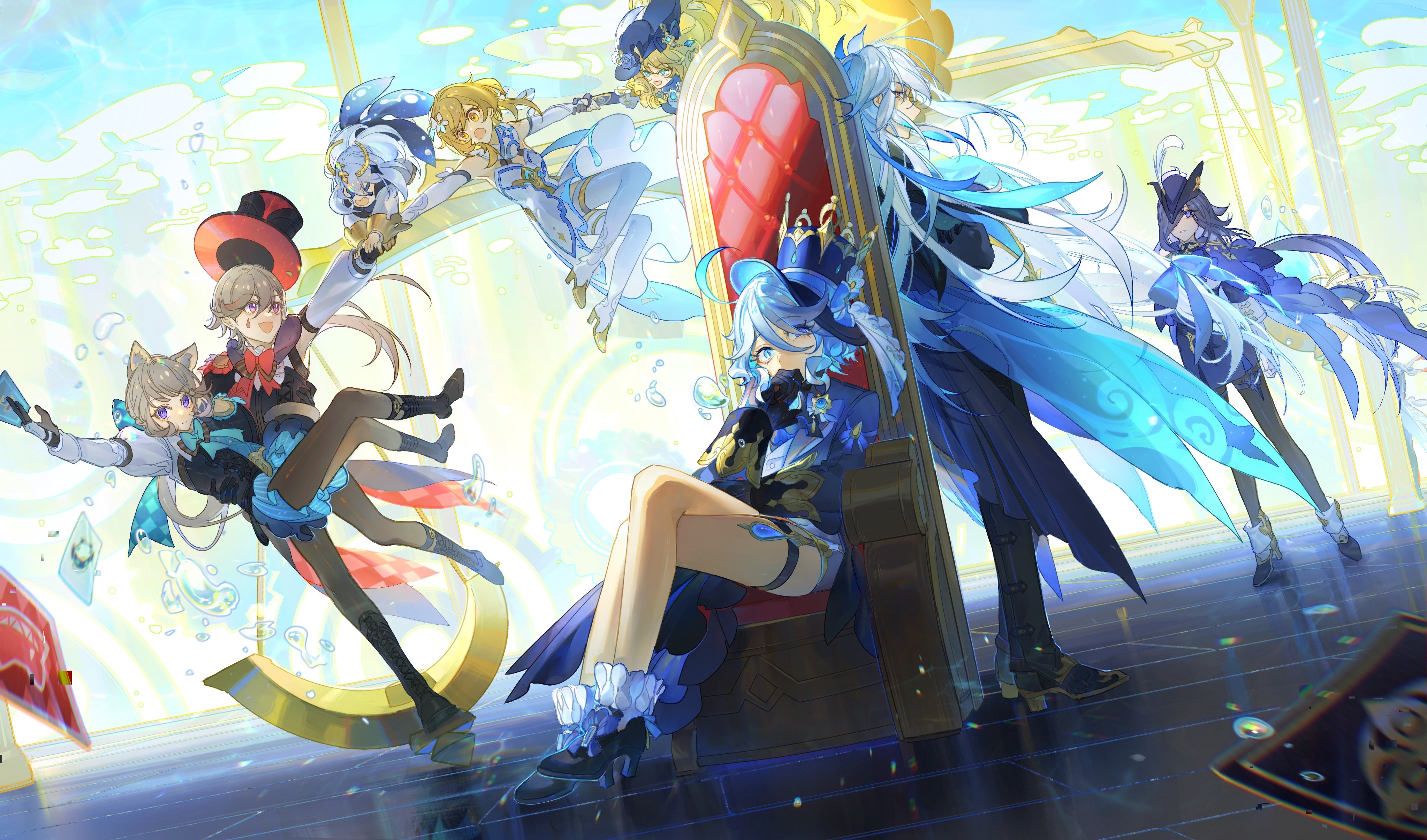 nnikko, clorinde (genshin impact), furina (genshin impact), lumine (genshin impact), lynette (genshin impact), lyney (genshin impact), navia (genshin impact), neuvillette (genshin impact), paimon (genshin impact), genshin impact, absurdres, chinese commentary, commentary, highres, > <, 2boys, 6+girls, :d, ahoge, animal ears, ankle boots, ankle cuffs, aqua bow, aqua bowtie, ascot, back-to-back, balance scale, bare shoulders, between fingers, black ascot, black boots, black corset, black gloves, black hat, black pantyhose, black shoes, blonde hair, blue bow, blue brooch, blue cape, blue coat, blue eyes, blue flower, blue gemstone, blue hair, blue hat, blue jacket, blue rose, blue skirt, boots, bow, bowtie, breasts, bustier, cape, card, carrying, carrying person, cat ears, cat girl, closed mouth, cloud, coat, corset, covered mouth, crossed legs, crown hat, day, detached sleeves, dress, drill hair, drill sidelocks, drop-shaped pupils, epaulettes, expressionless, facial mark, fatui logo, floating, floating card, flower, fold-over boots, frilled skirt, frills, full body, gem, gloves, grey hair, hair between eyes, hair bow, hair flower, hair ornament, hair over one eye, halo, halter dress, halterneck, hand to own mouth, hat, hat feather, hat flower, heterochromia, holding, holding another's wrist, holding card, holding hands, huge bow, jacket, juliet sleeves, knee boots, lace-up boots, long hair, long sleeves, looking at another, looking at viewer, looking to the side, low-tied long hair, low ponytail, medium breasts, midair, multicolored hair, multiple boys, multiple girls, open mouth, pantyhose, pencil skirt, pointy ears, ponytail, puffy sleeves, pulling, purple eyes, purple hair, red bow, red bowtie, romper, rose, scarf, shirt, shoes, short hair, short shorts, shorts, sidelocks, sideways glance, sitting, sitting on throne, skirt, sleeve garter, sleeveless, sleeveless shirt, smile, standing, standing on one leg, star (symbol), star facial mark, streaked hair, symbol-shaped pupils, tailcoat, teardrop facial mark, thigh boots, thigh strap, tile floor, tiles, top hat, tricorne, umbrella, very long hair, vest, water drop, weighing scale, white boots, white dress, white flower, white gloves, white hair, white romper, white scarf, white shirt, white shorts, white sleeves, white vest, yellow eyes, yellow umbrella