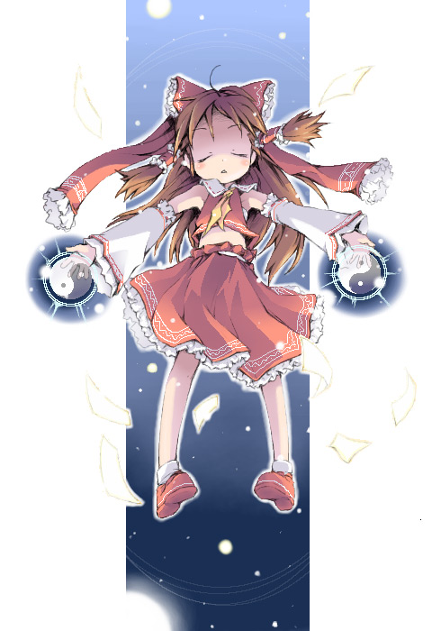ham (points), hakurei reimu, touhou, 1girl, armpits, ascot, bobby socks, bow, brown hair, closed eyes, collar, detached sleeves, female focus, frills, full body, hair bow, hair tubes, loli, long hair, long sleeves, red bow, red skirt, ribbon-trimmed sleeves, ribbon trim, shoes, sidelocks, skirt, socks, solo, vest, white socks, yin yang