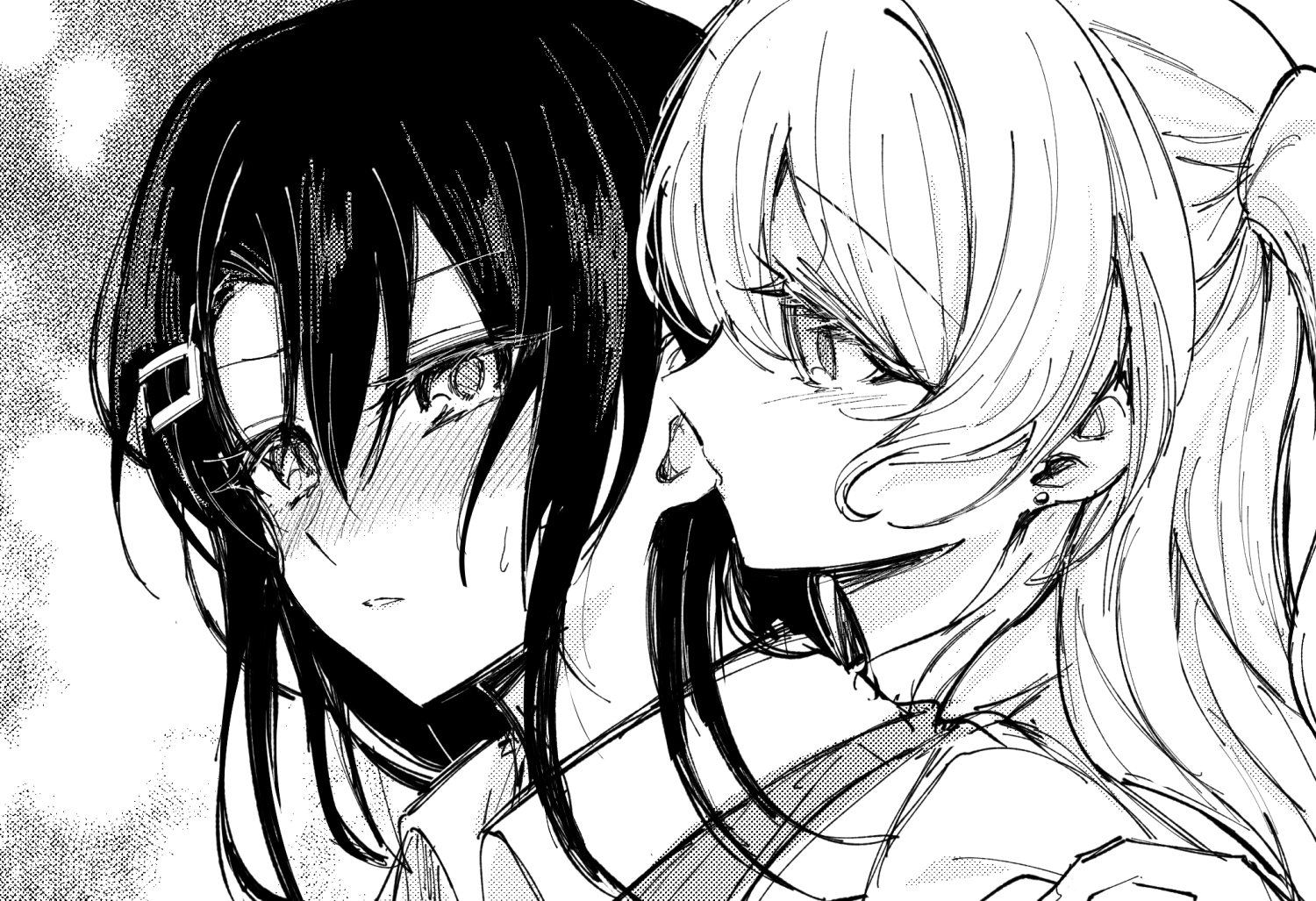 opi, matsubara kanon, okusawa misaki, bang dream!, 2girls, blush, greyscale, hair ornament, hairclip, hug, hug from behind, long hair, long sleeves, medium hair, monochrome, multiple girls, one side up, open mouth, shirt
