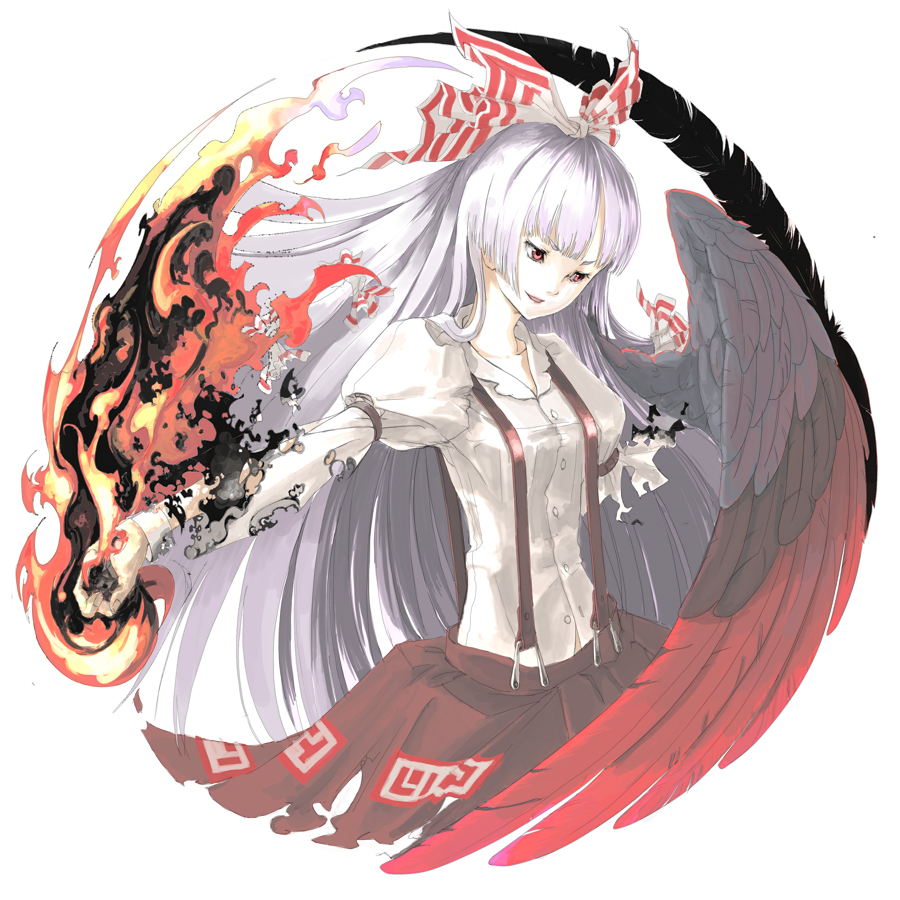 suzuki ritsu, fujiwara no mokou, touhou, silver hair, 1girl, bow, female focus, fire, hair bow, hime cut, long hair, red eyes, solo, suspenders, wings